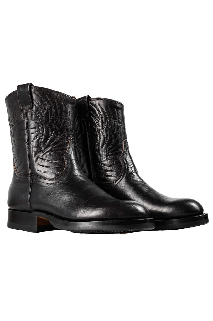 Pair of Self Edge x Unmarked black-bison roper boots, product 4080.