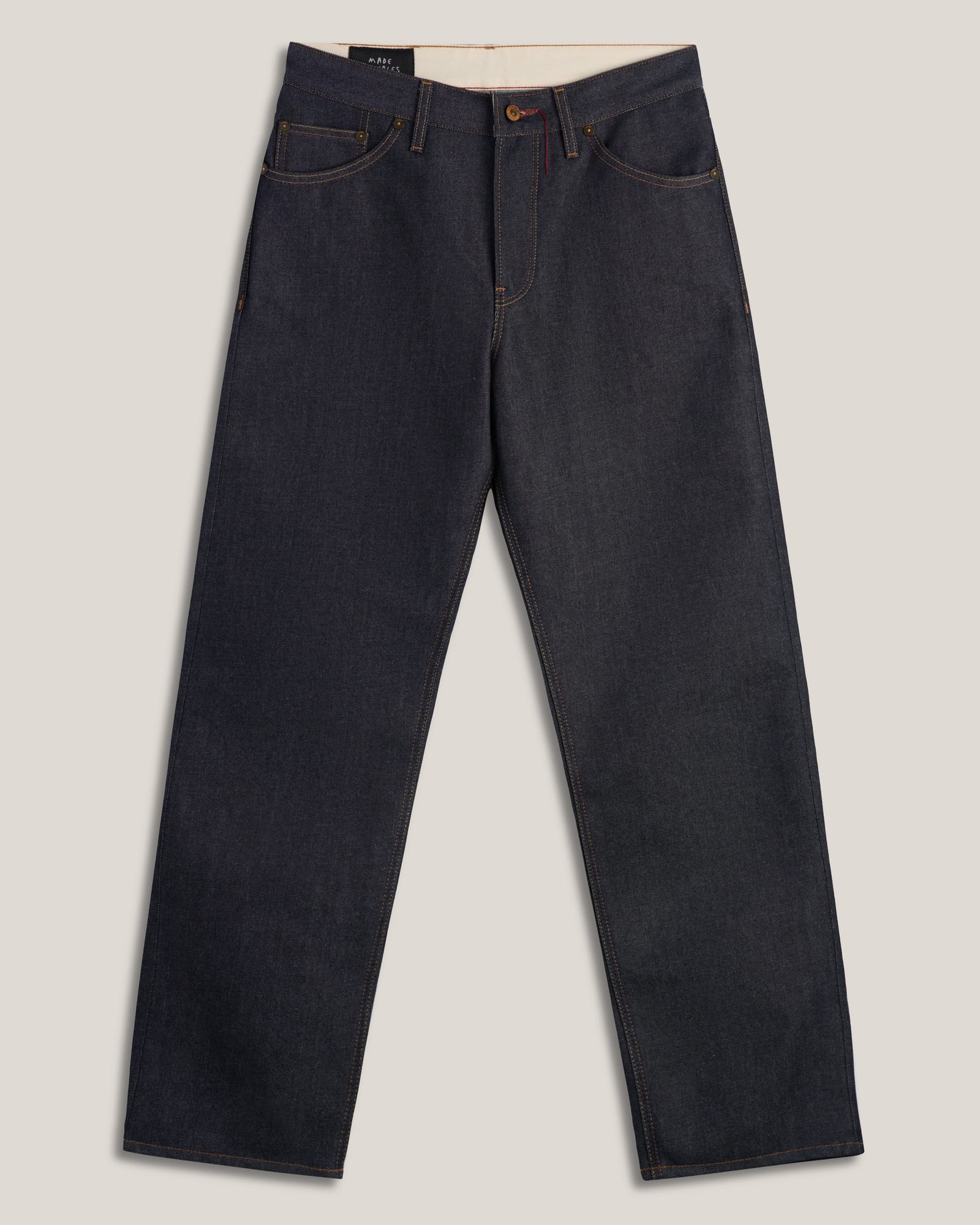 Hiut Jerald straight-fit jeans in Super Zero Indigo selvedge, front product view.