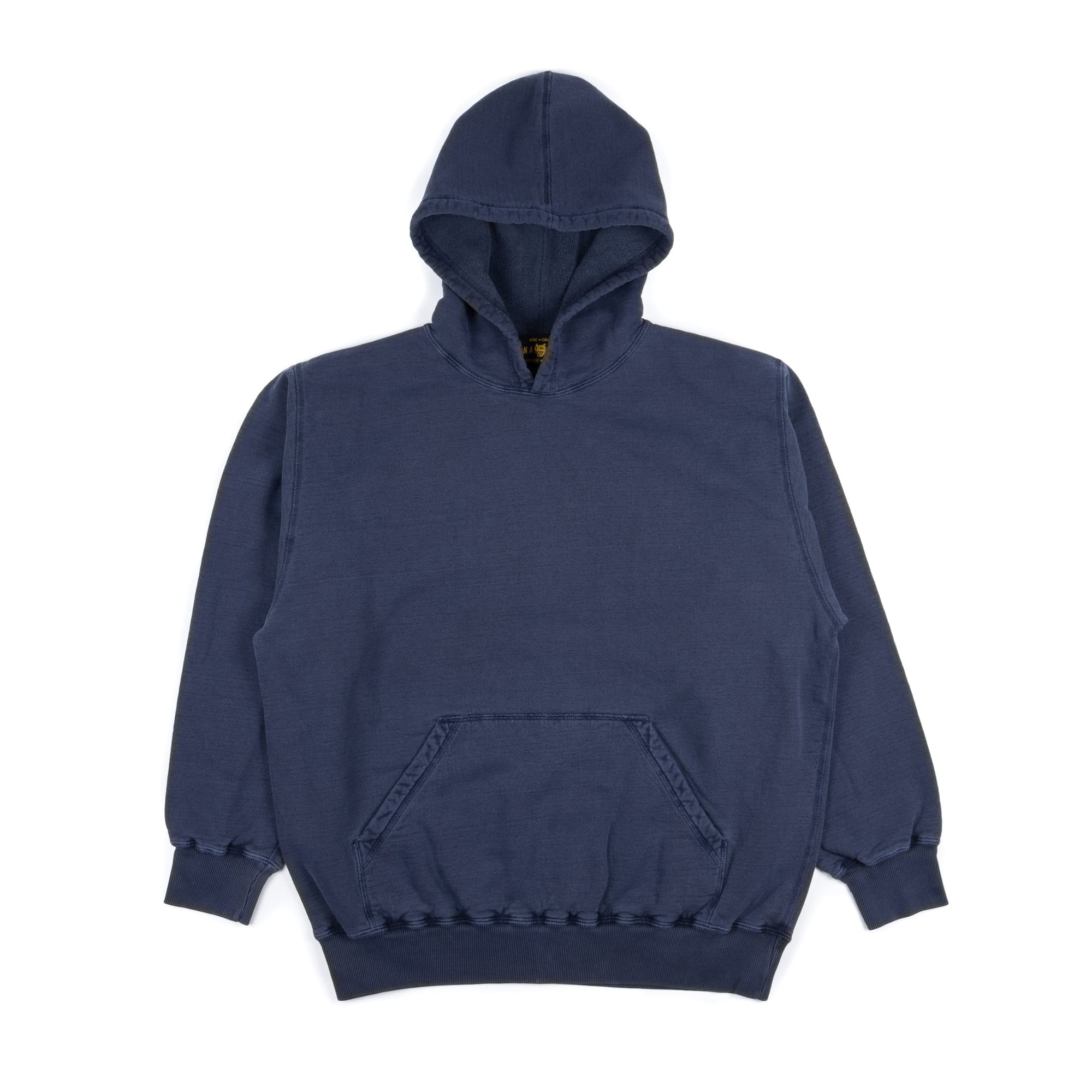 Faded Navy Heavy Hoodie laid flat, showing its hood and kangaroo pocket.