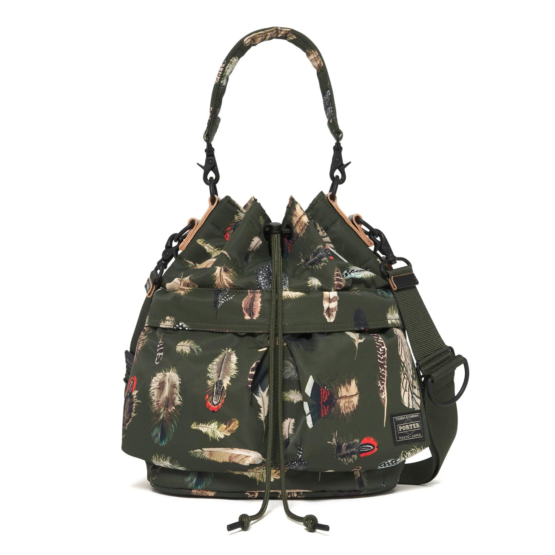 Olive PORTER FEATHER CAMO Tool Bag front view, with drawstring opening and patterned handle.