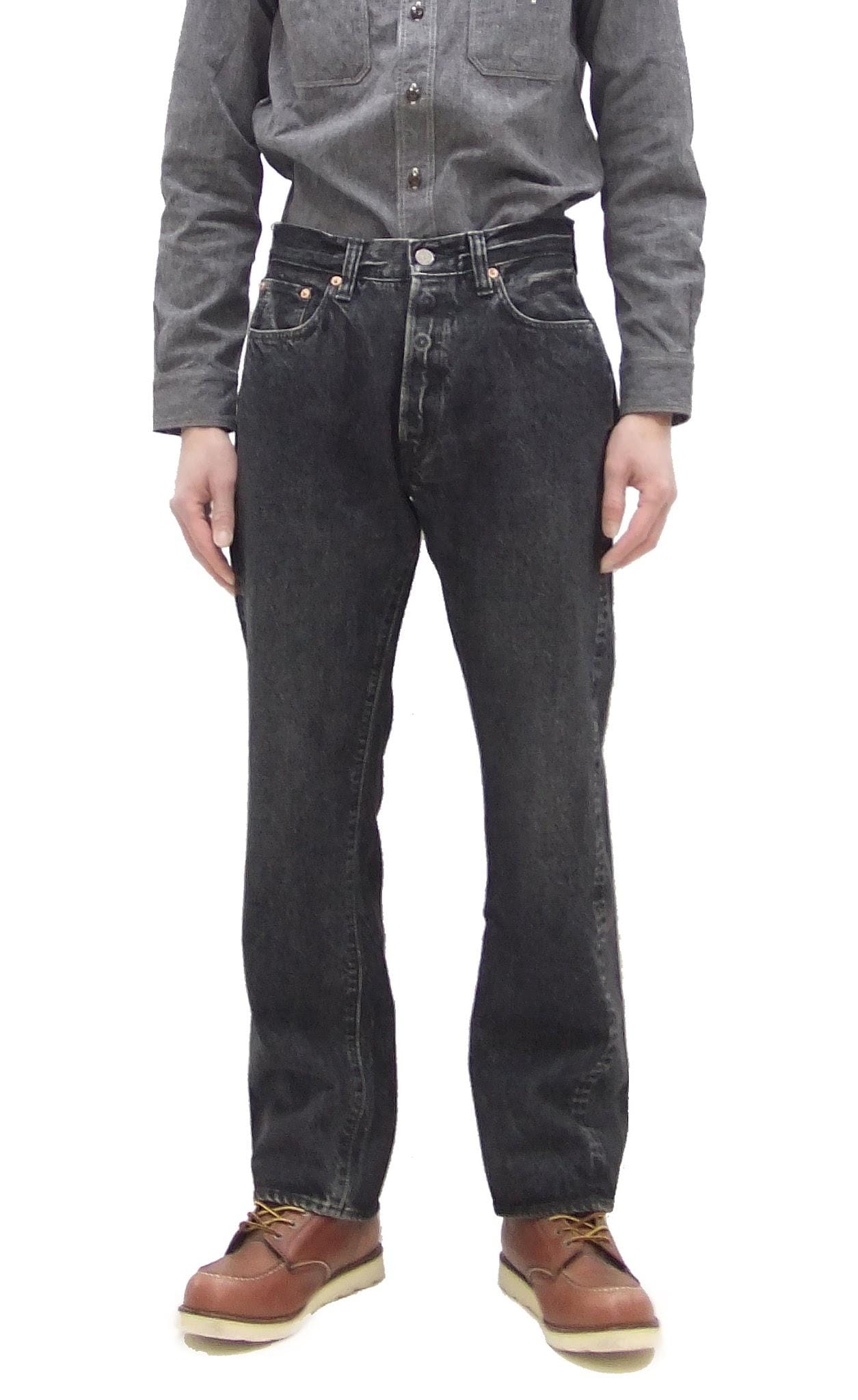 Sugar Cane black 1947 Hard Wash jeans worn with the straight legs visible.