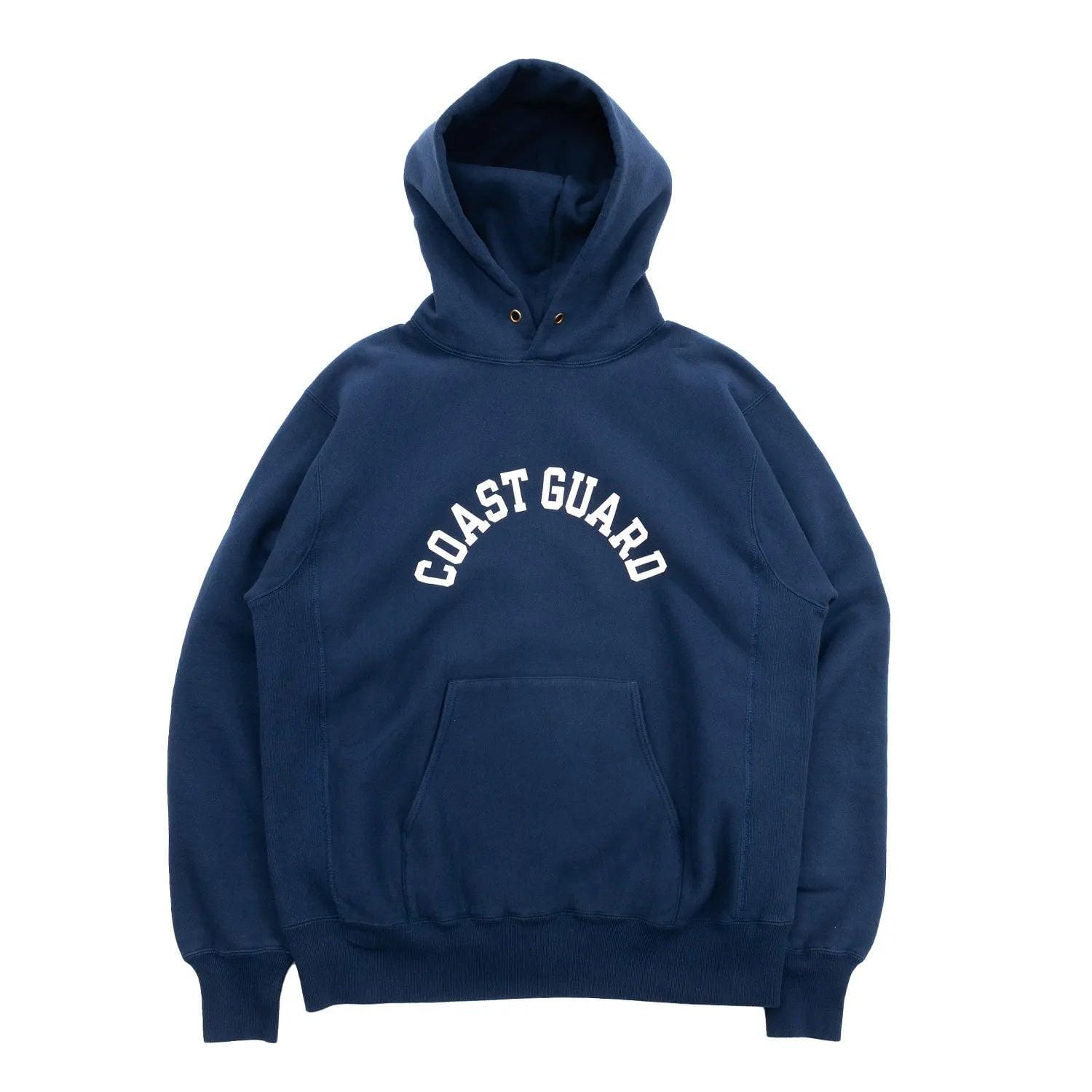Navy Buzz Rickson’s COAST GUARD hooded sweatshirt laid out front-facing.