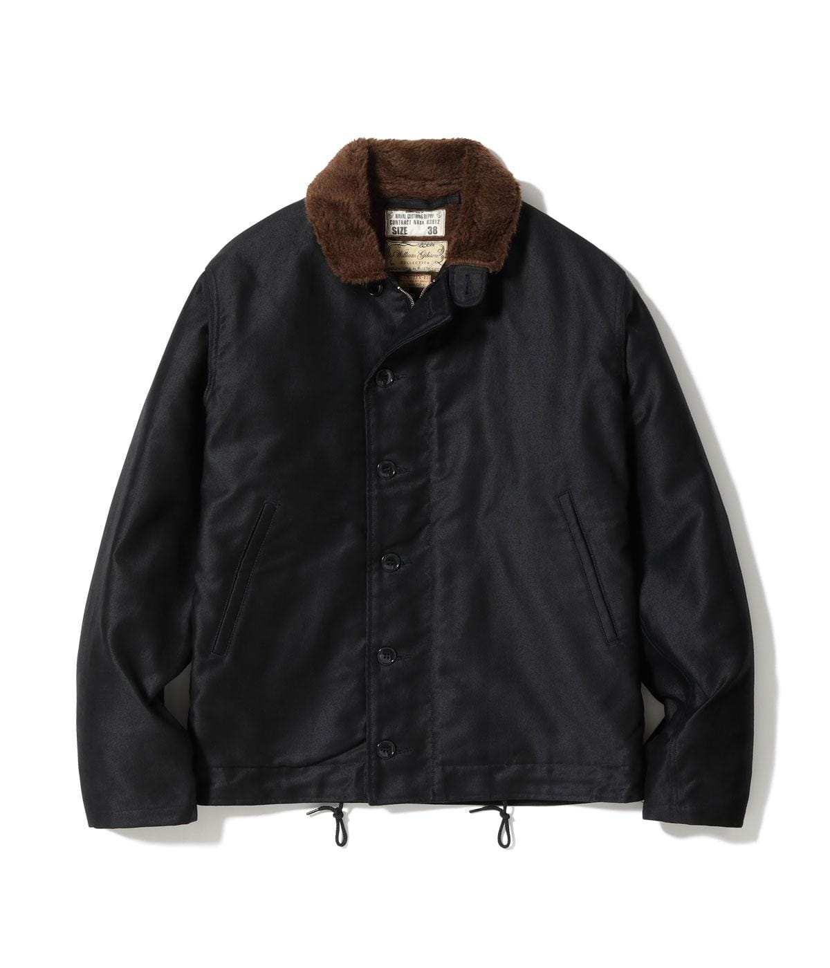 Front of the Buzz Rickson’s William Gibson BLACK N-1 deck jacket, with pile collar.