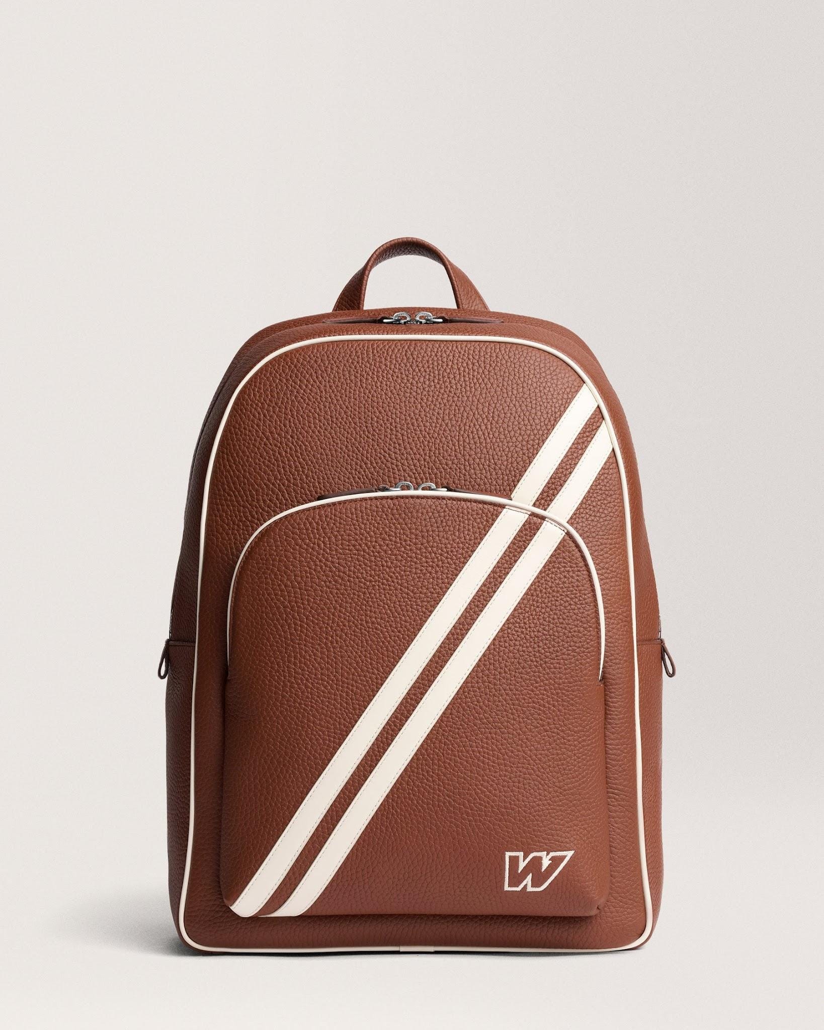 Chestnut grained-leather Carl Friedrik x Williams Grove backpack front.