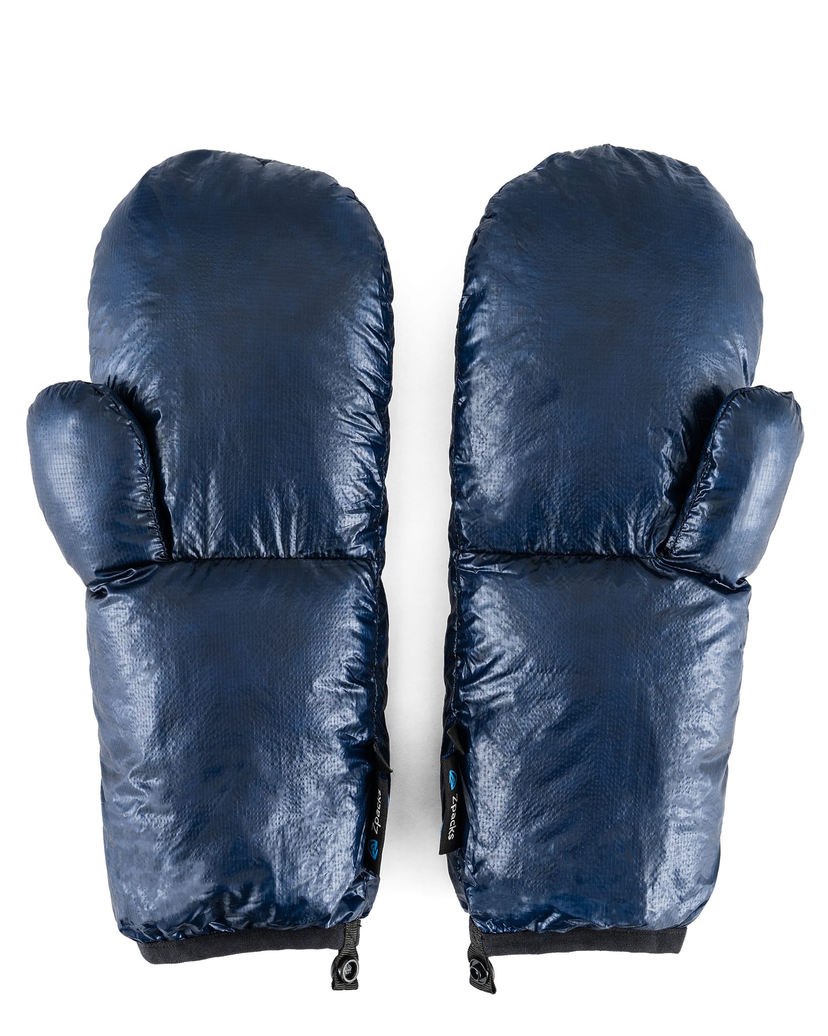 Pair of navy Zpacks Down Mittens shown flat.