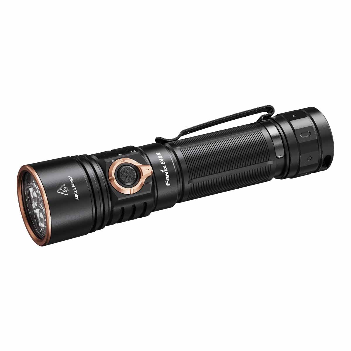 Fenix E40R clean angled front view showing lens, switch and clip