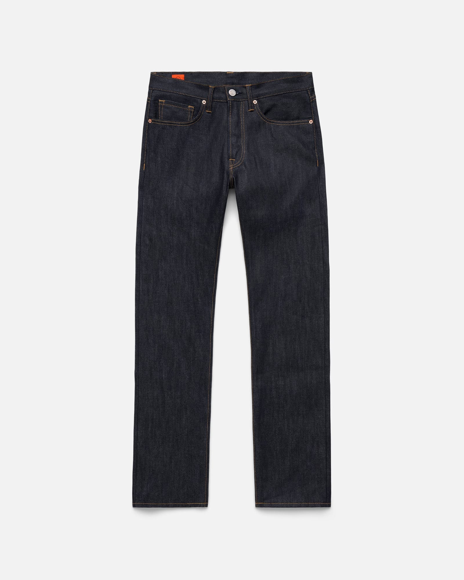 Foreign Rider straight-cut Indigo selvedge jeans, front product view.