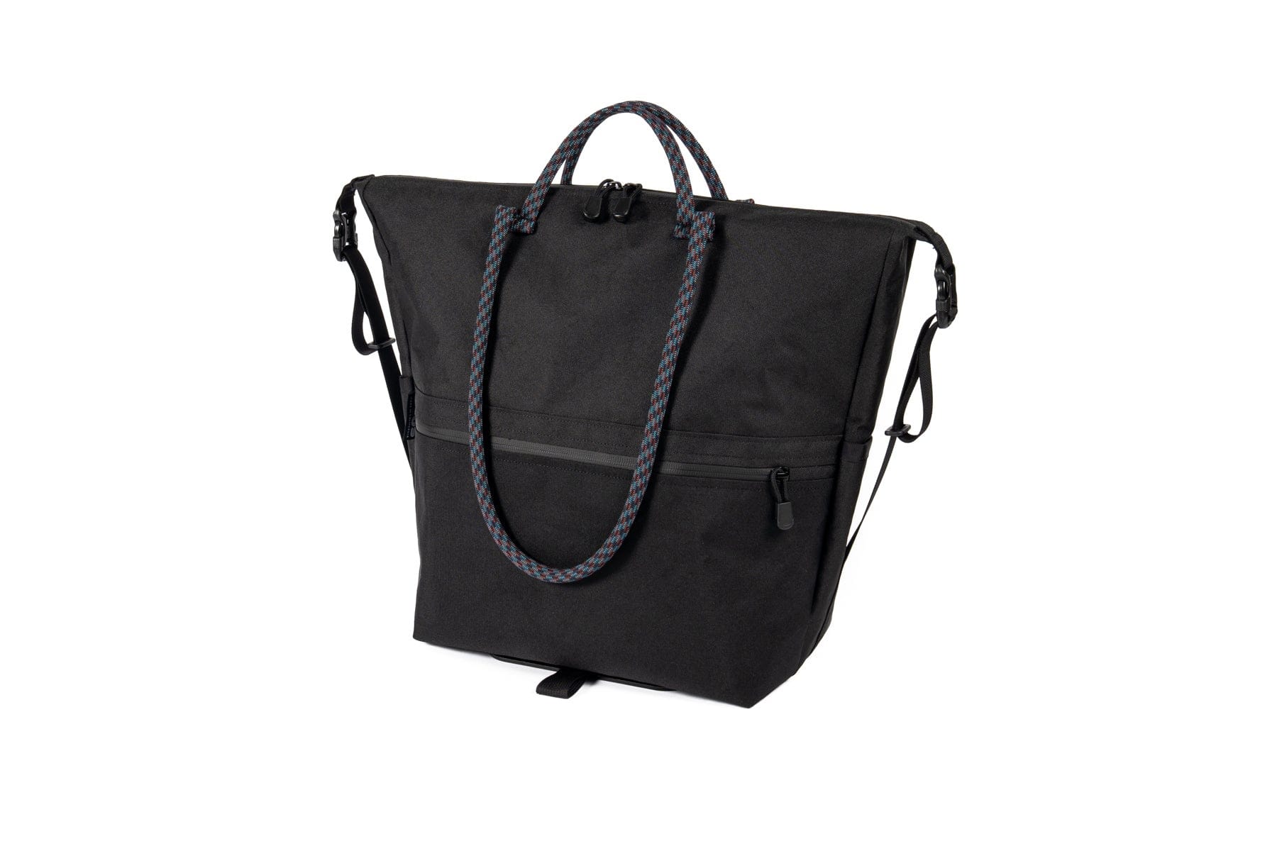 Outer Shell QR Tote shown off the bicycle, with its full black tote silhouette.