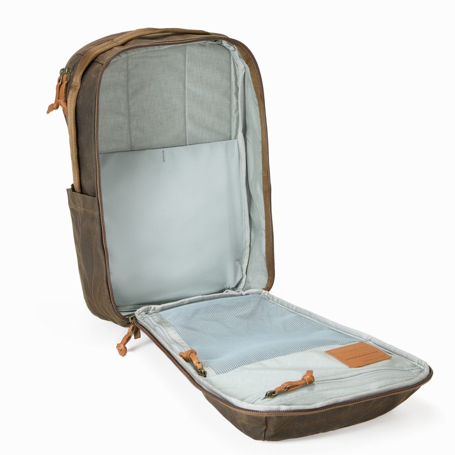 CIVIC Travel Bag opened flat to show its grey lining and internal sleeves.
