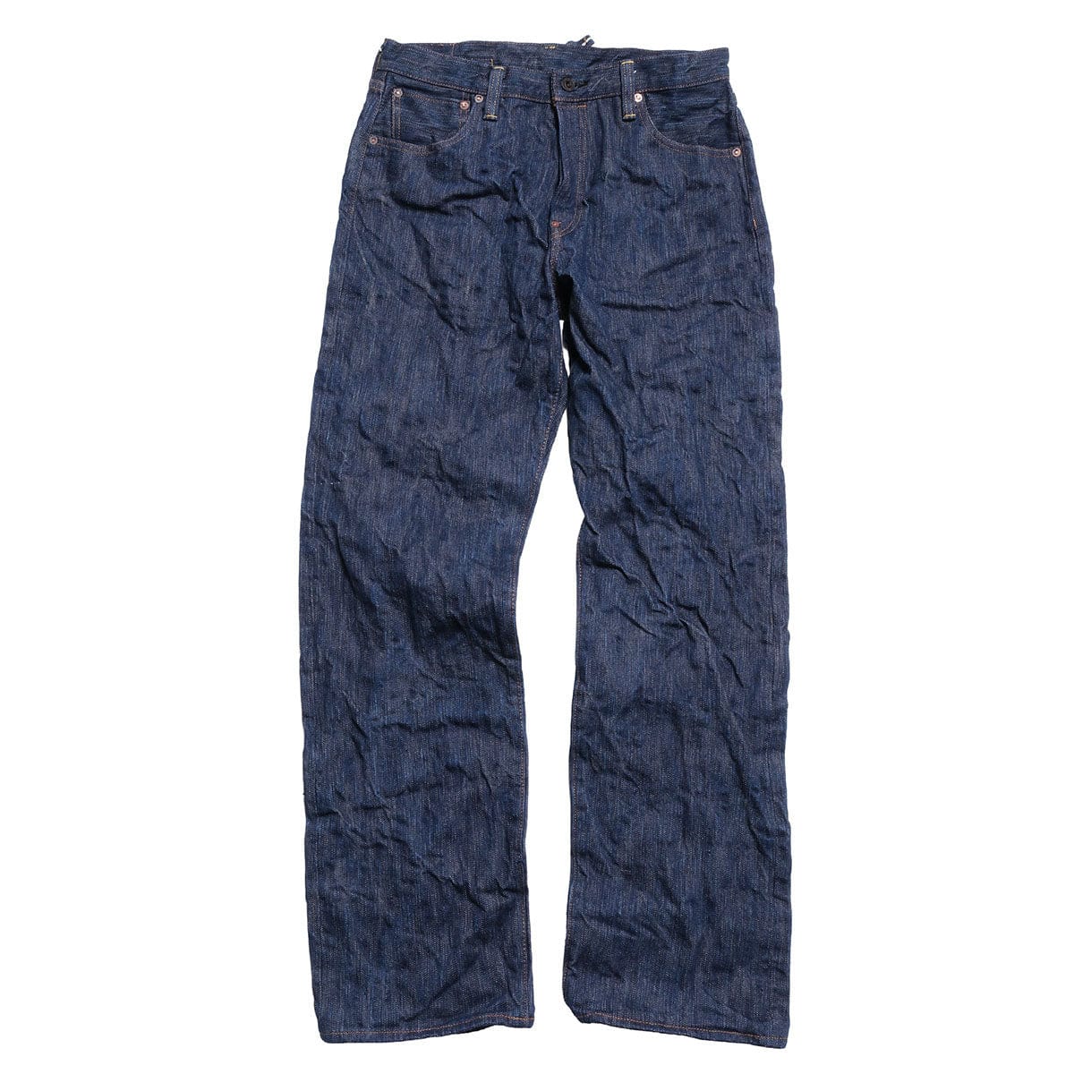 Front product view of the indigo and ecru selvedge jeans.