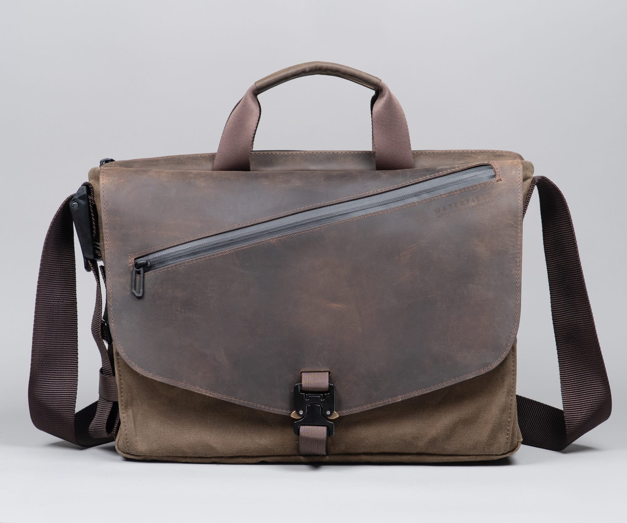 Front view of the 2026 Cargo with chocolate leather flap.