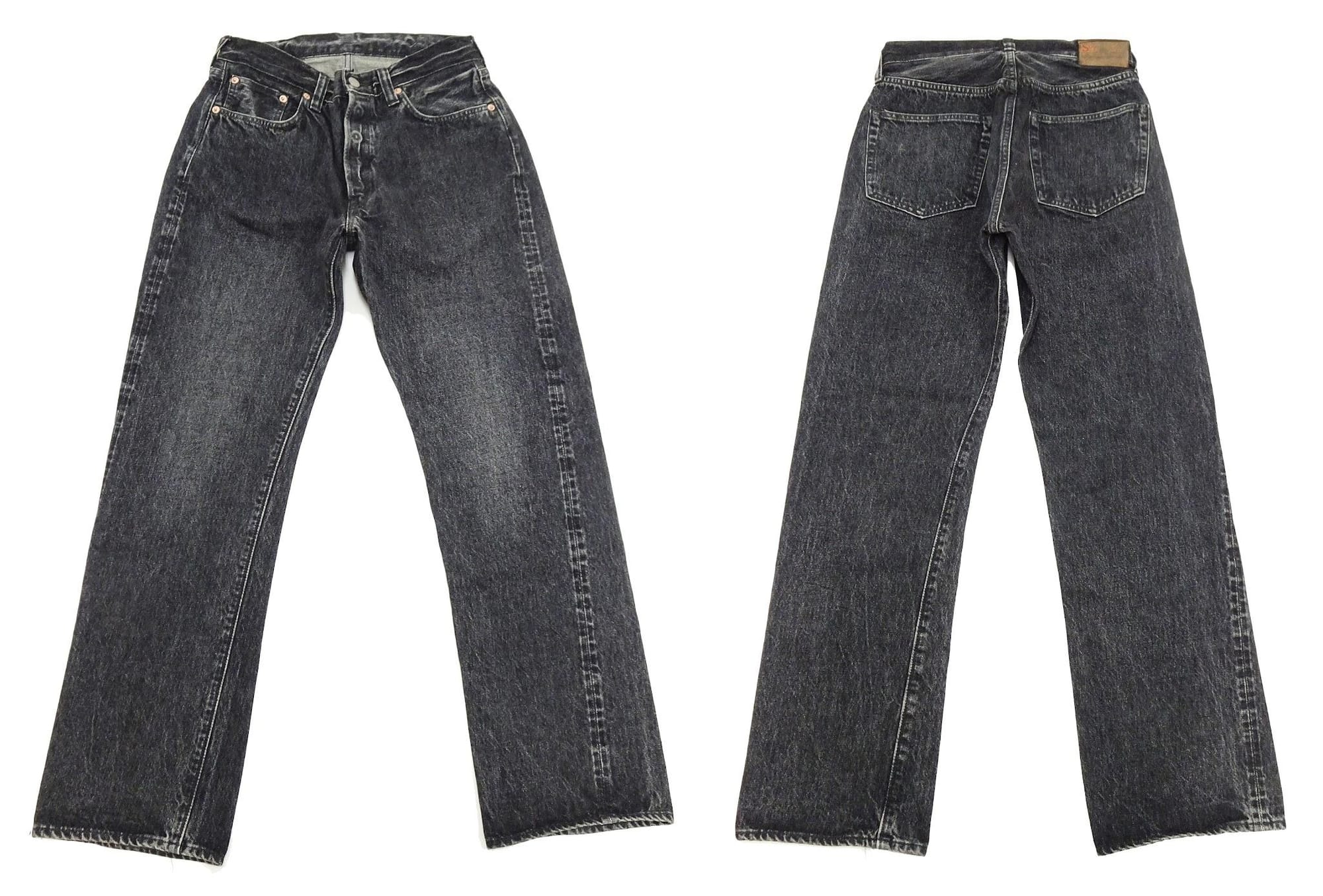 Official laid-flat front and rear of the black hard-washed jeans.