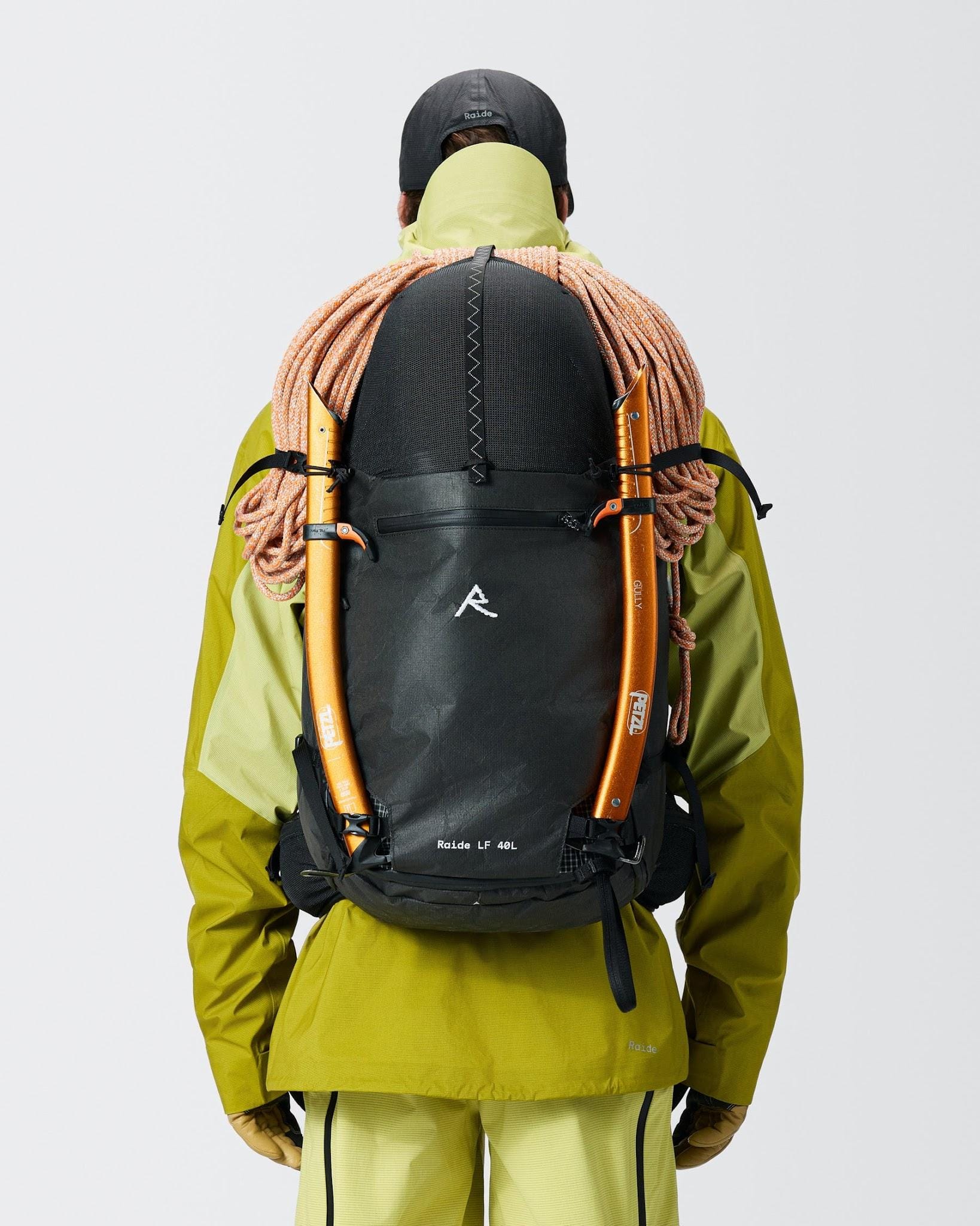 Raide LF40 worn on a skier with rope and mountaineering tools attached.