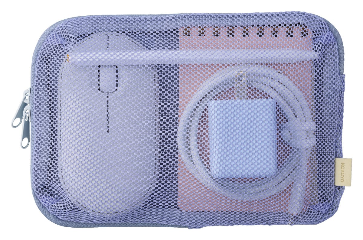 Lilac mesh pouch with power adapter, cable and slim gadget visible through the zippered mesh.