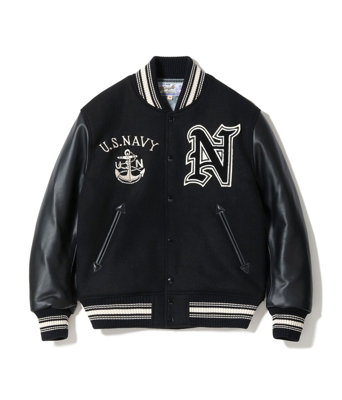 Black wool-and-leather award jacket, front
