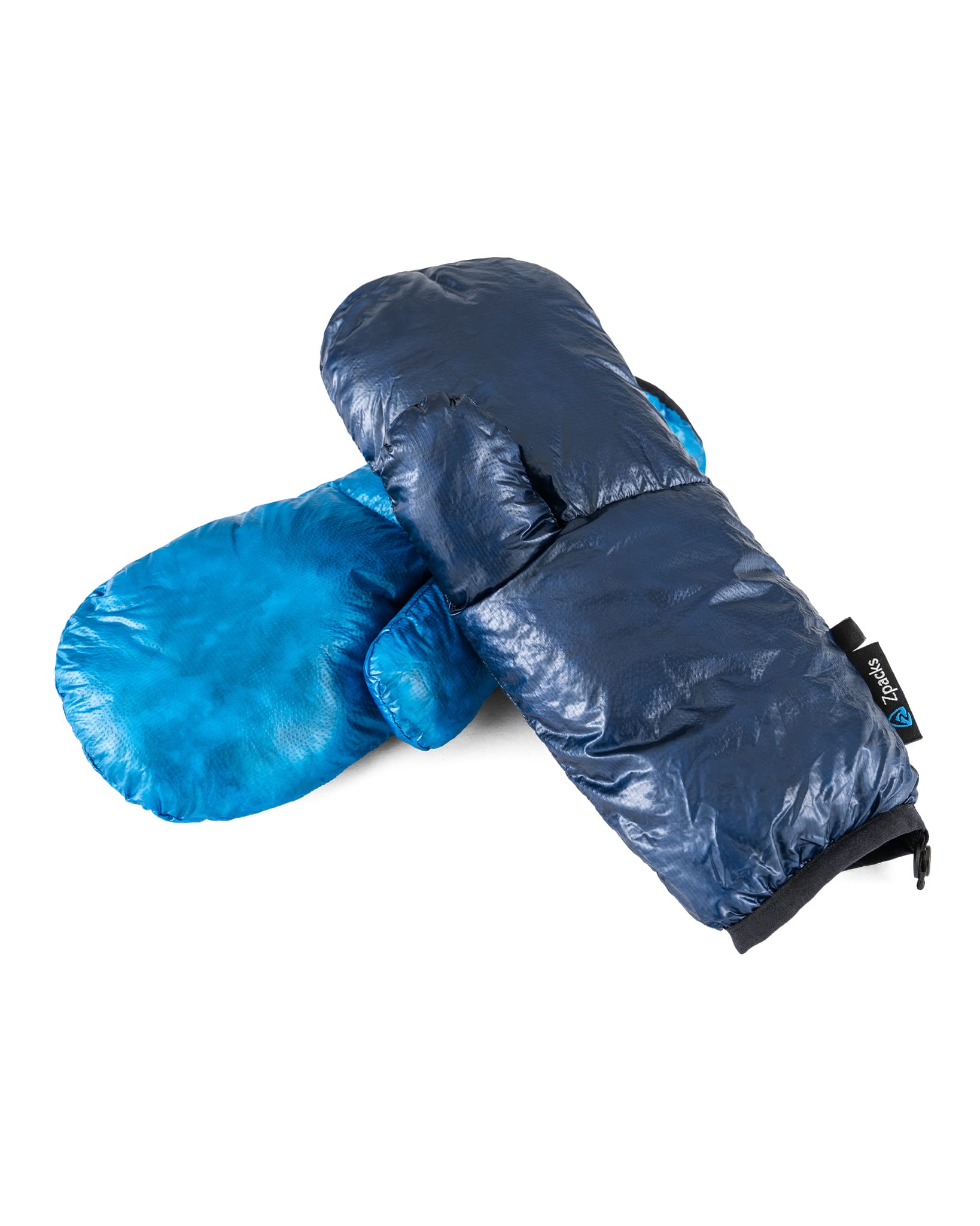 Navy and azure faces of the reversible Down Mittens.