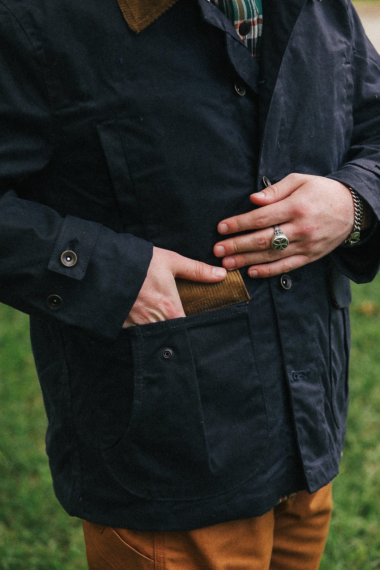 Pocket detail on A New Medium black waxed Sportsman’s Jacket.