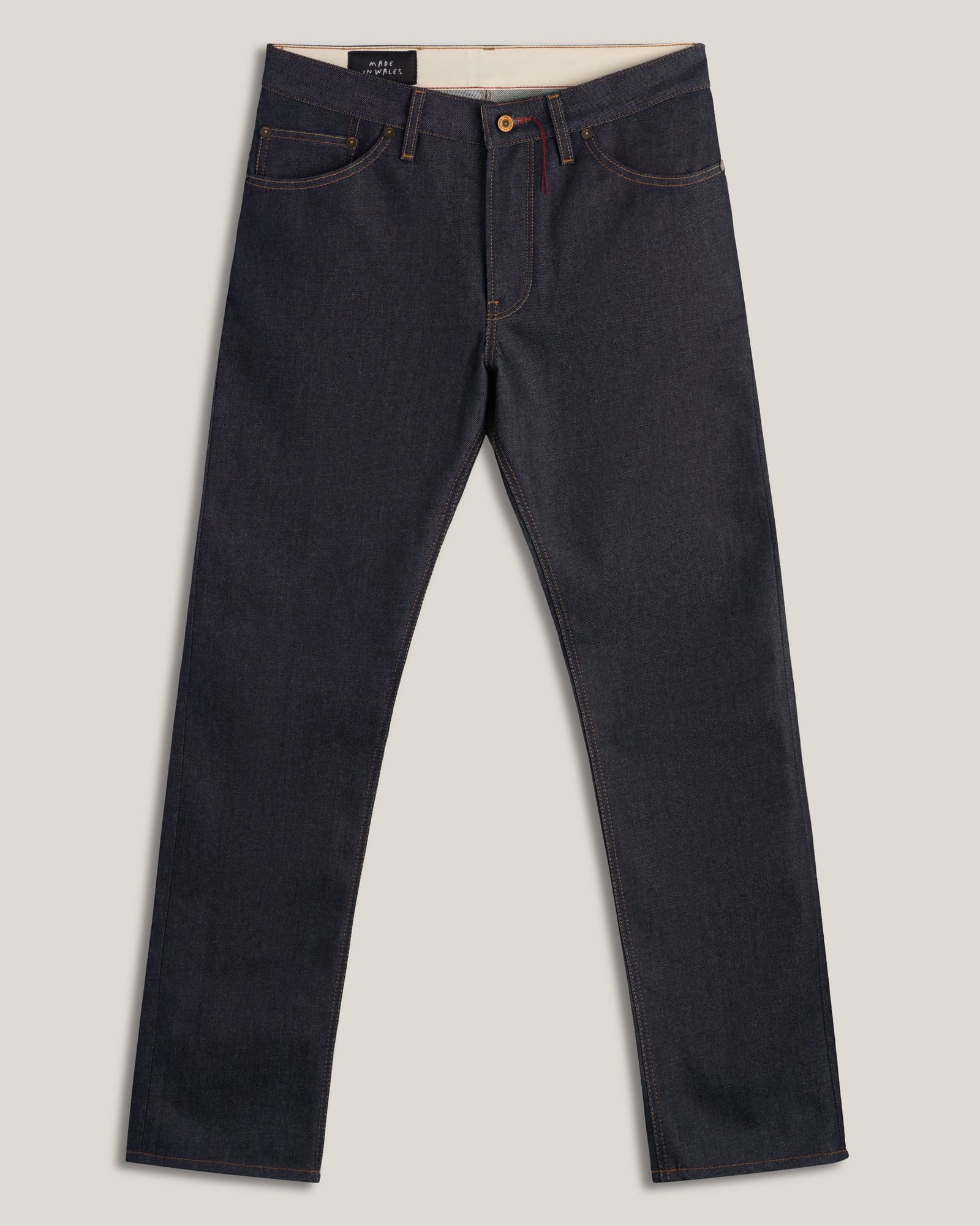 Hiut Benjamin tapered-fit jeans in Super Zero Indigo selvedge, front product view.