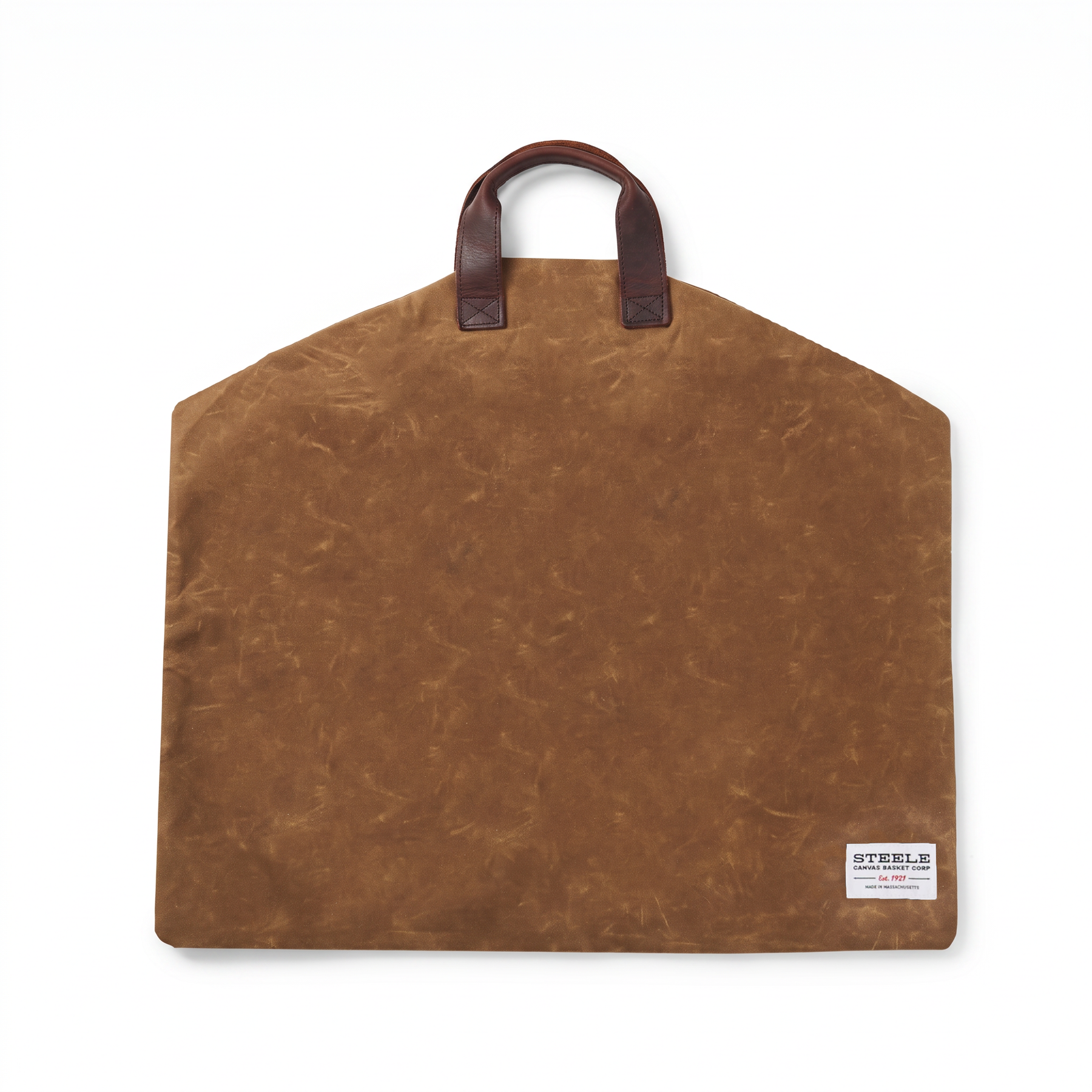 Brown waxed-canvas garment bag folded, showing mottled fabric finish.