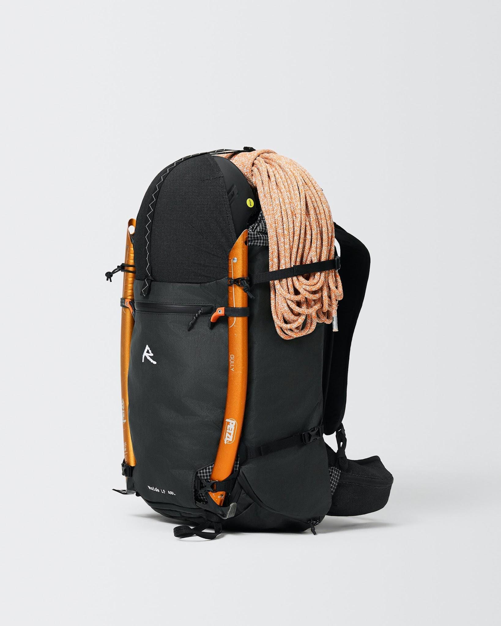 LF40 backpack with orange ice tools and coiled rope secured outside.