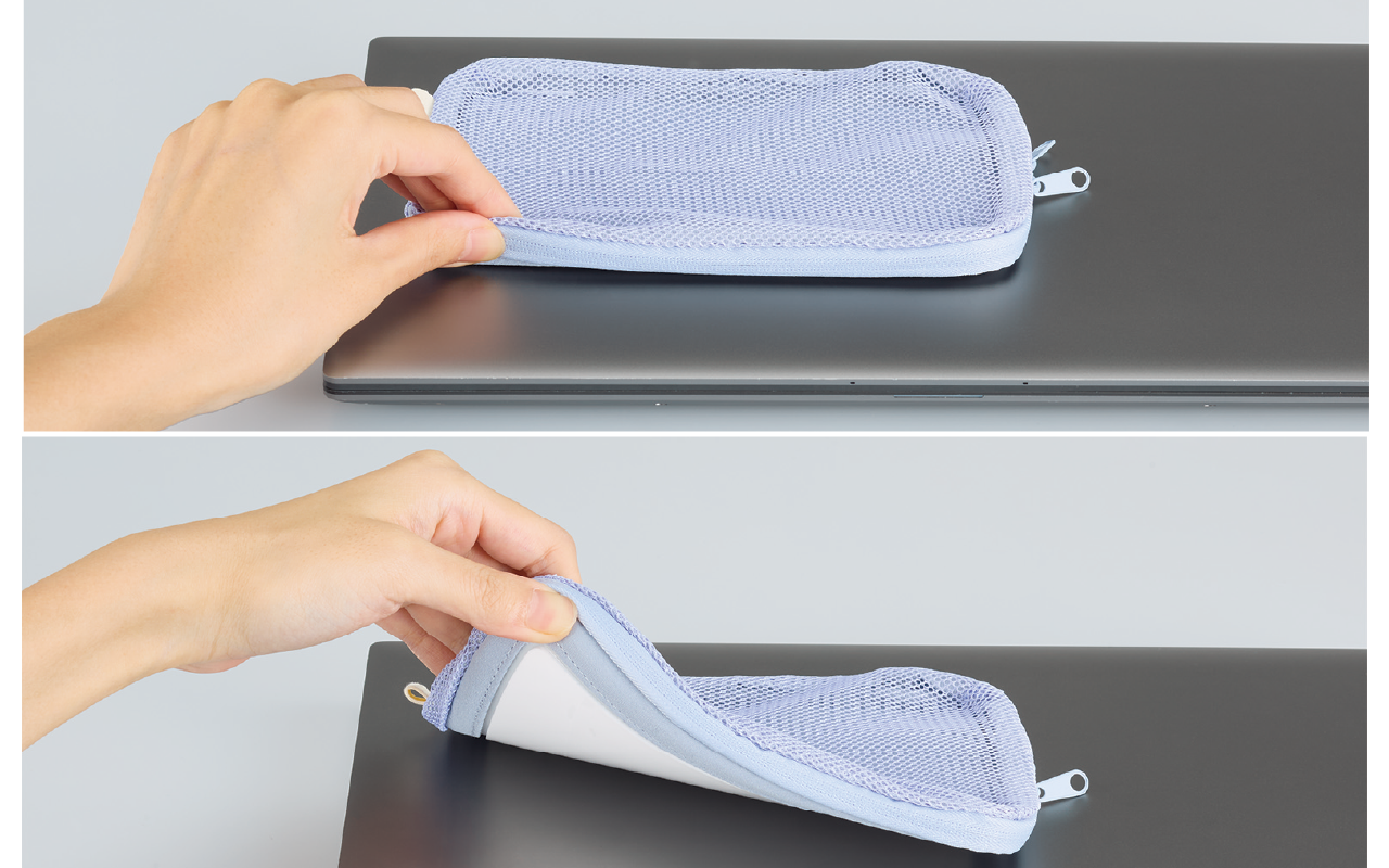 Official side-by-side demonstration of peeling and attaching the pouch to a laptop.