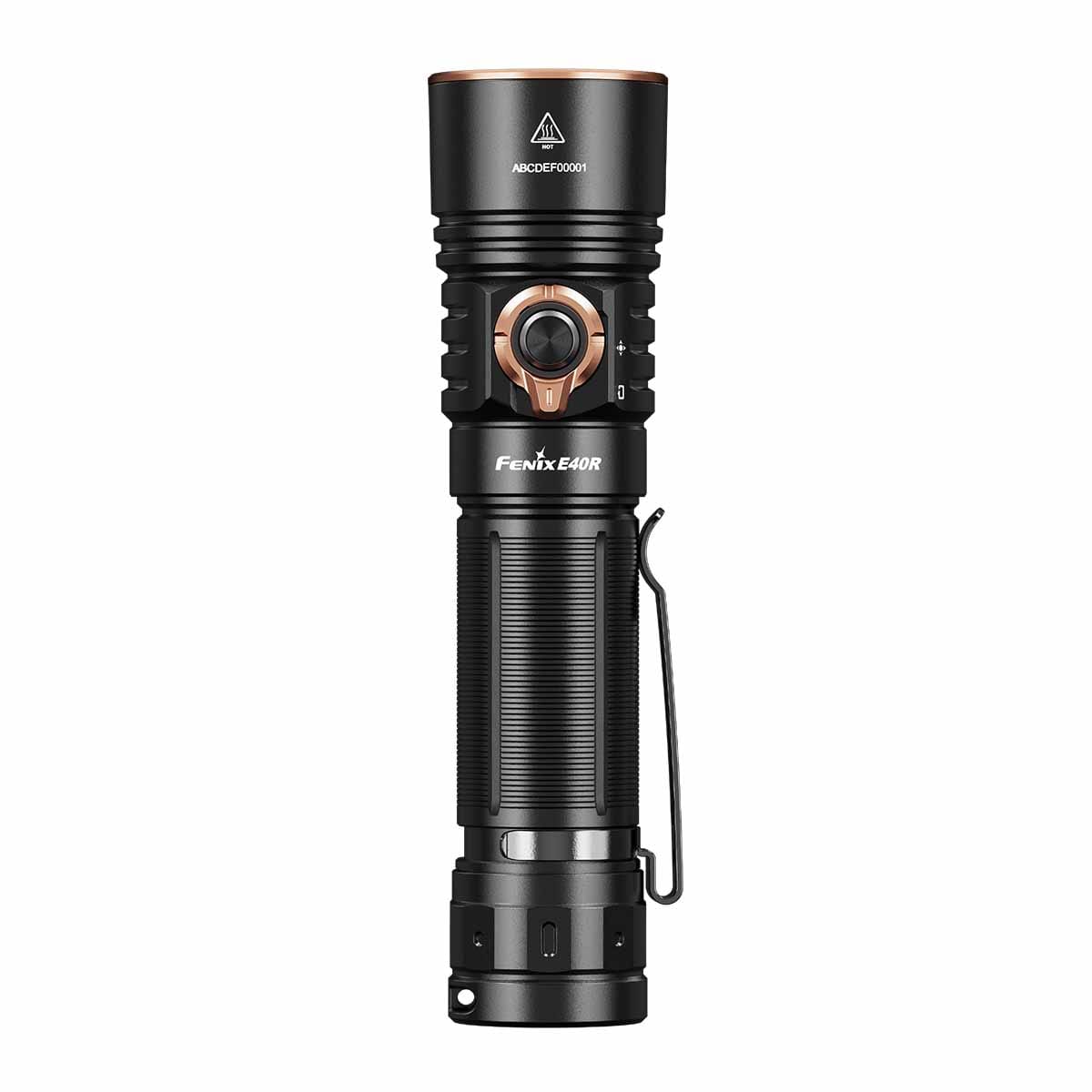 Fenix E40R standing front view showing switch and body