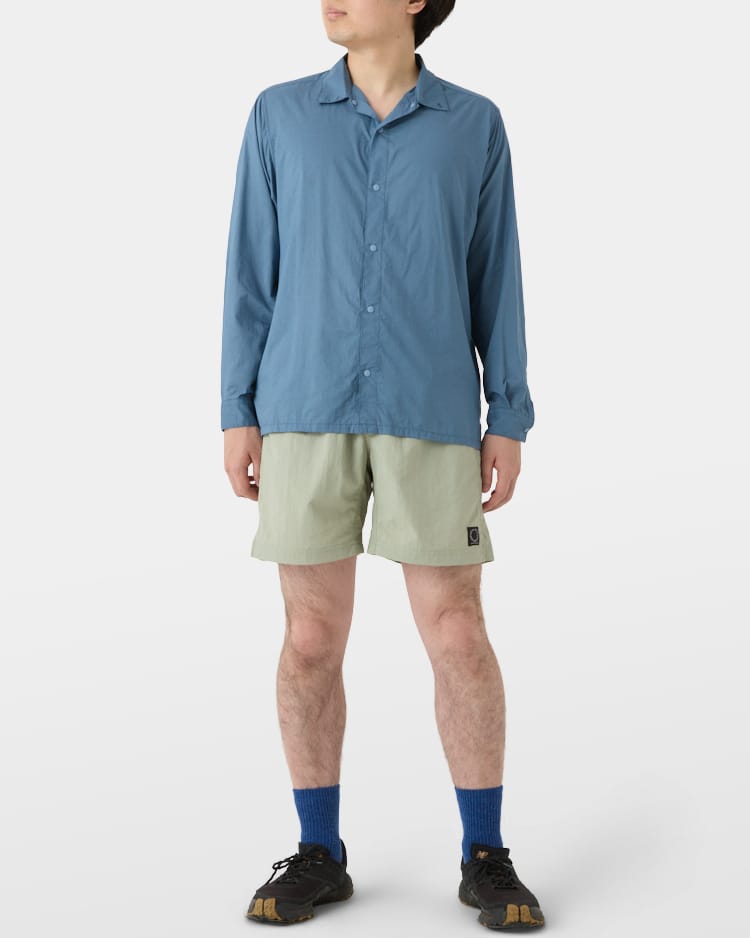 Blue Kami Shirt worn with shorts, front