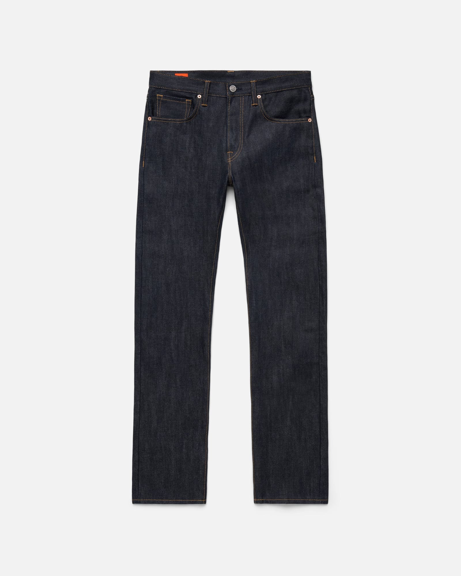 Foreign Rider slim-cut Indigo selvedge jeans, front product view.