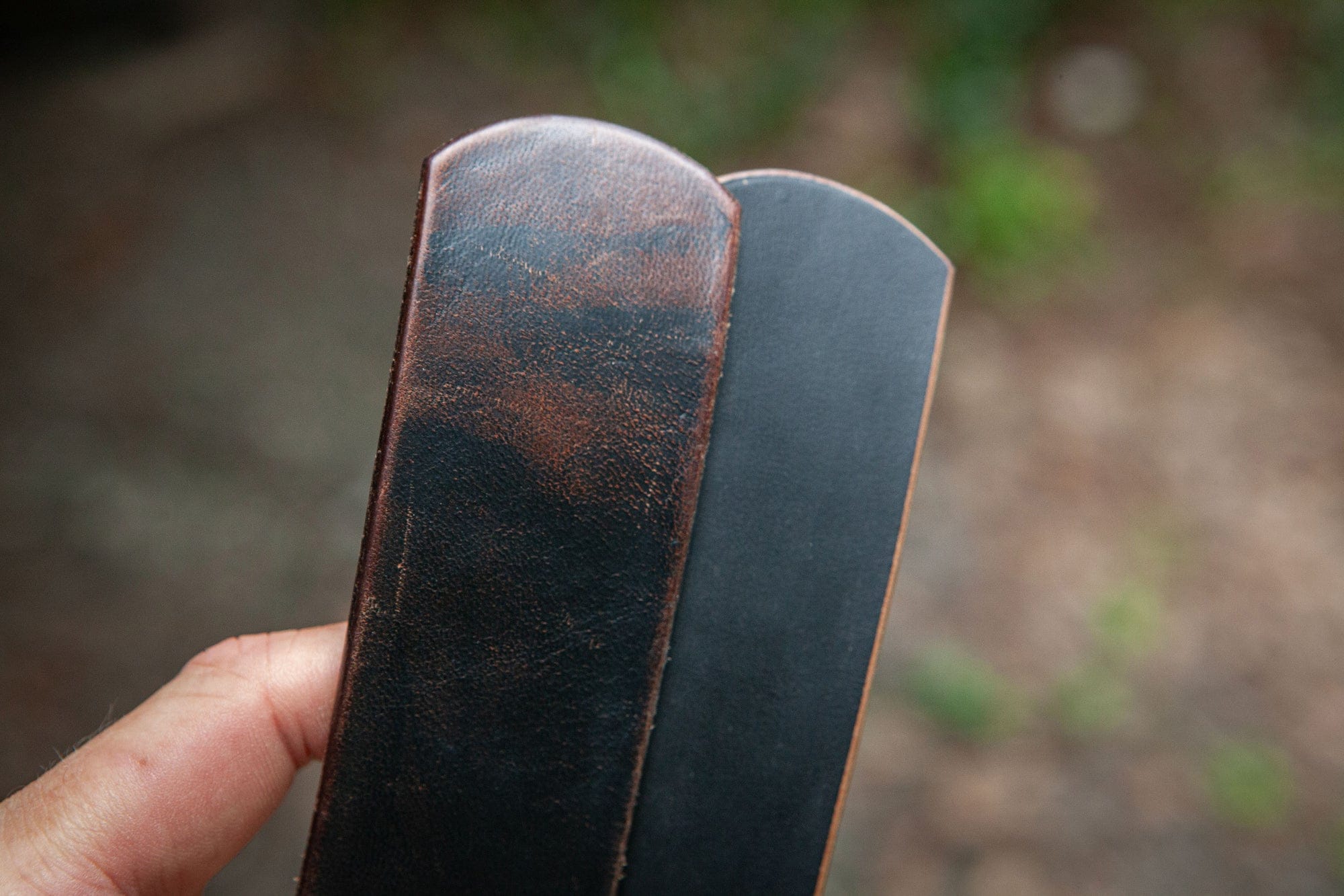 New and worn belt tips compared in Pigeon Tree’s maker photograph.