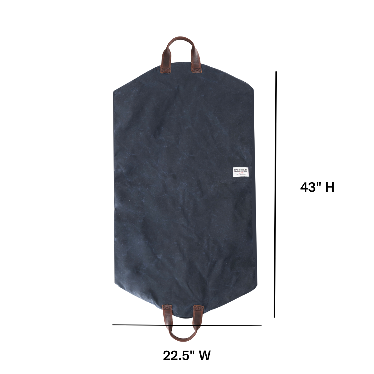 Full length of the navy garment bag with dimensions overlaid by the brand.
