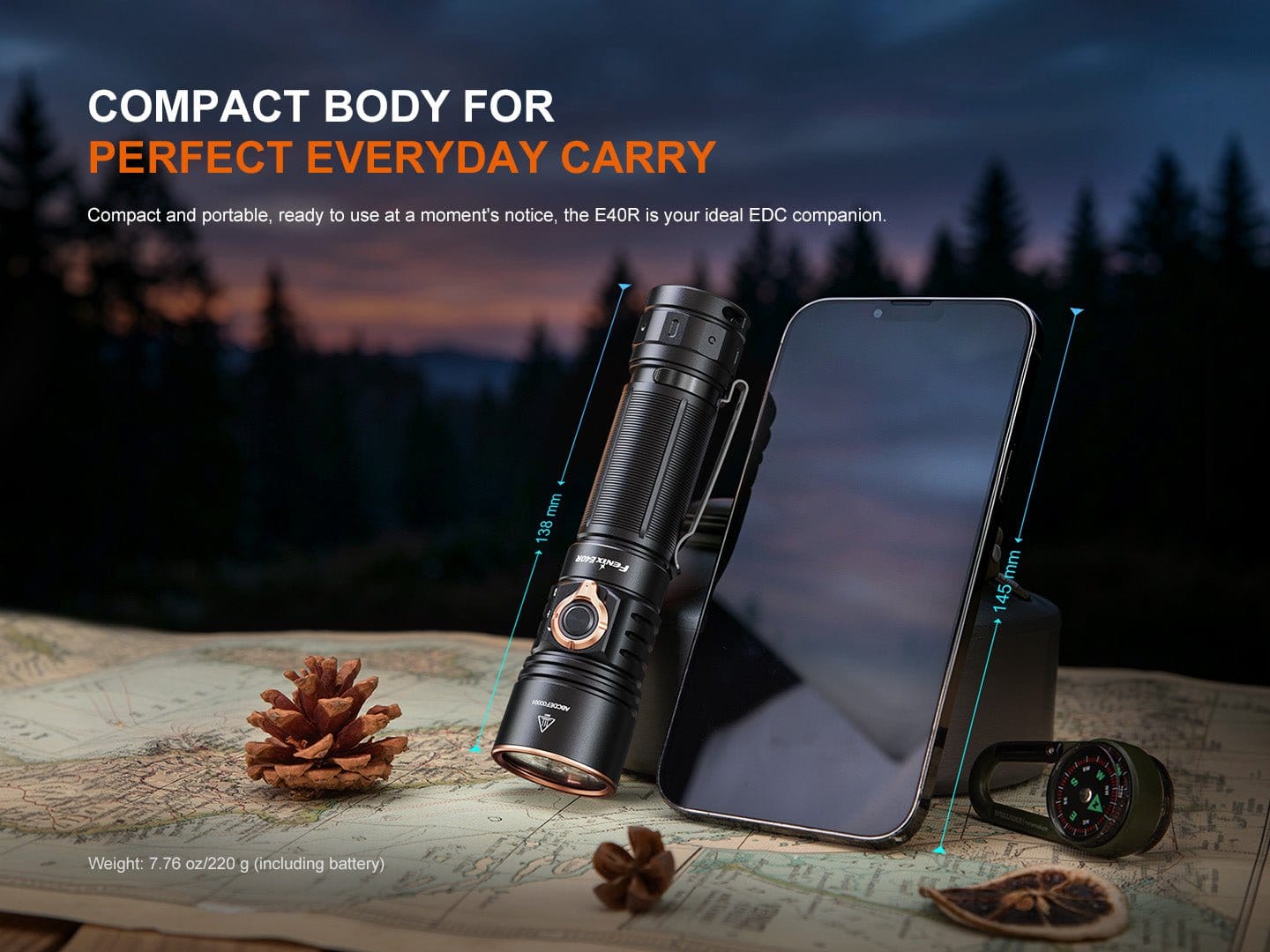 Fenix E40R next to a phone in manufacturer promotional image