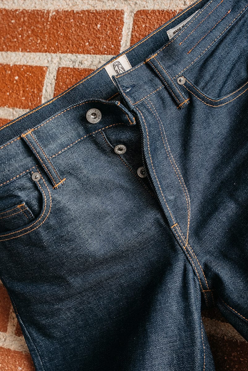 Teacore denim waistband and button-fly detail