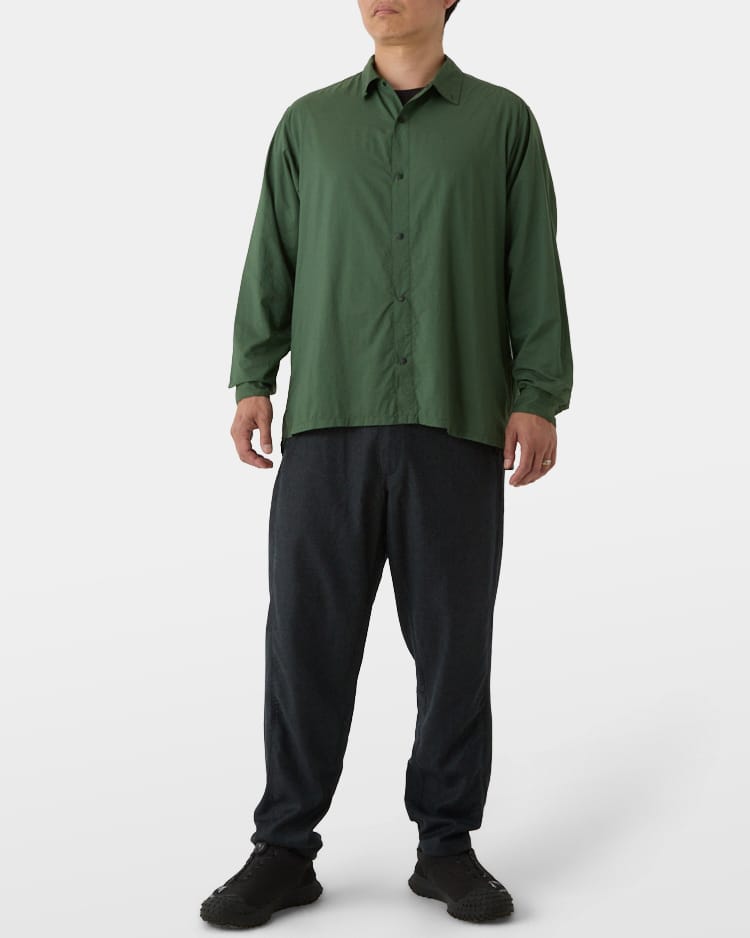 Pine Green Kami Shirt worn with dark trousers, front