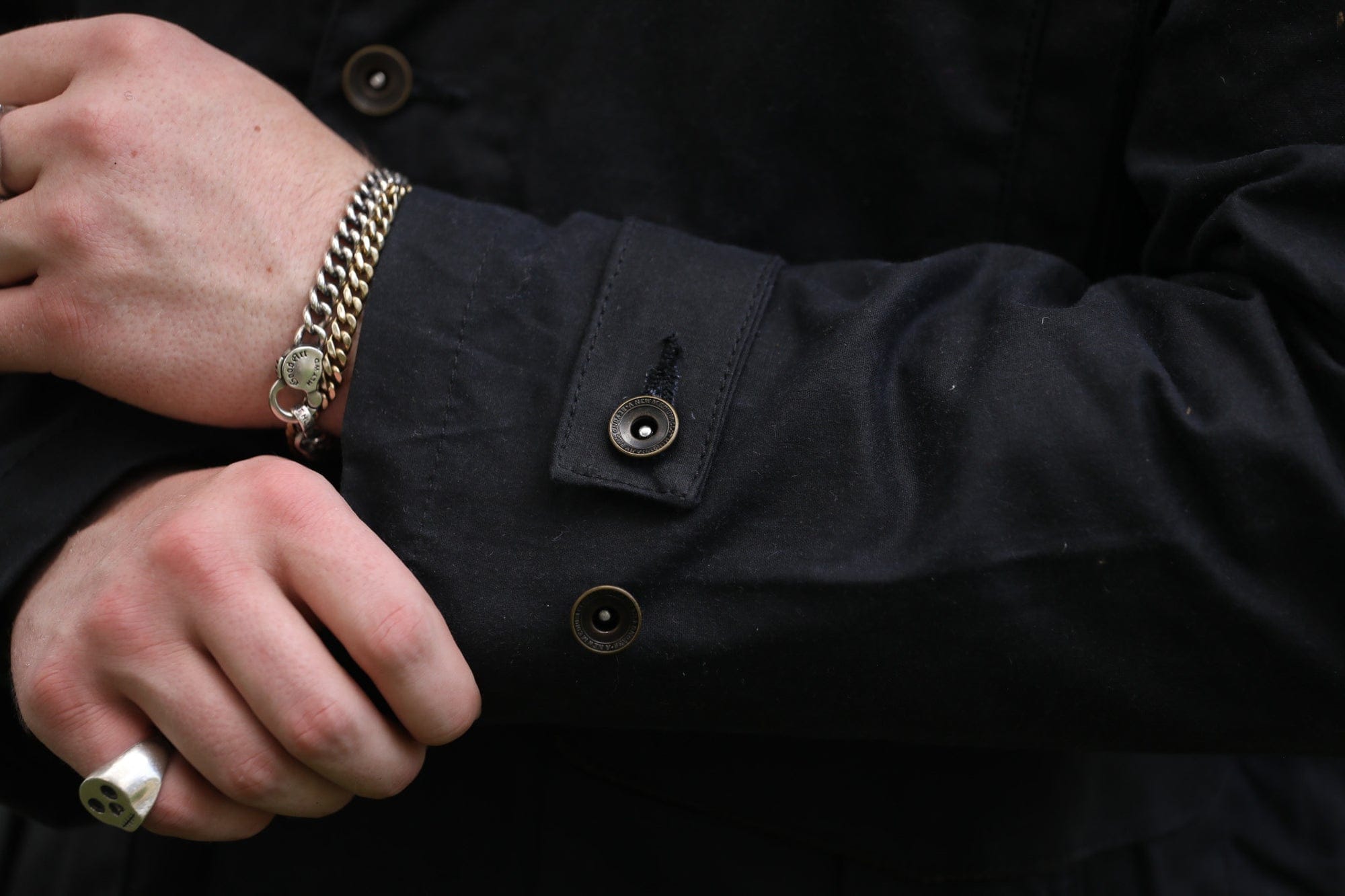 Cuff construction on A New Medium black waxed Sportsman’s Jacket.