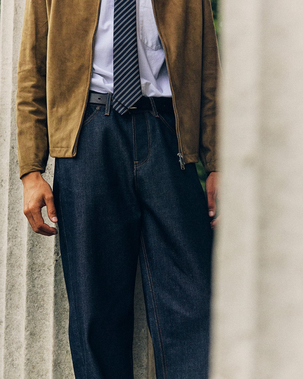 Hiut Super Zero Indigo campaign detail showing the denim waist and upper legs.