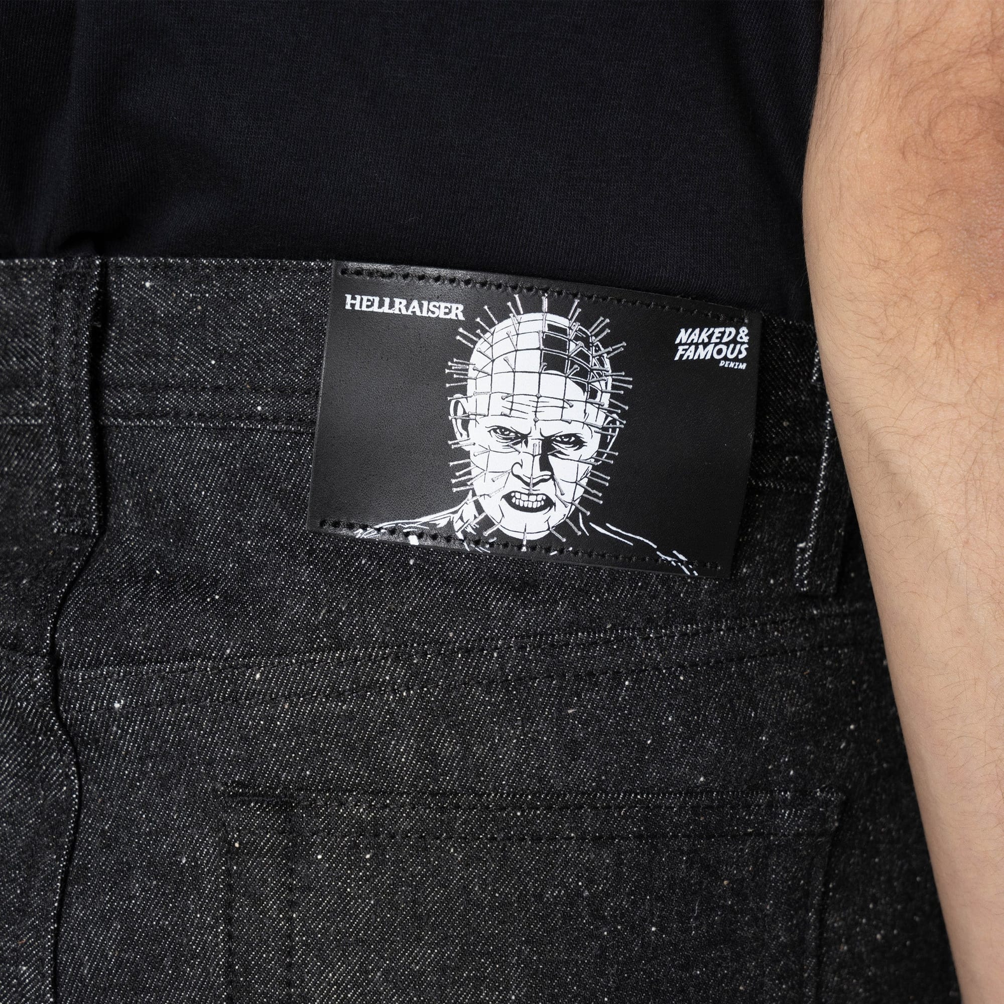 Close view of the licensed Pinhead artwork on the leather patch.