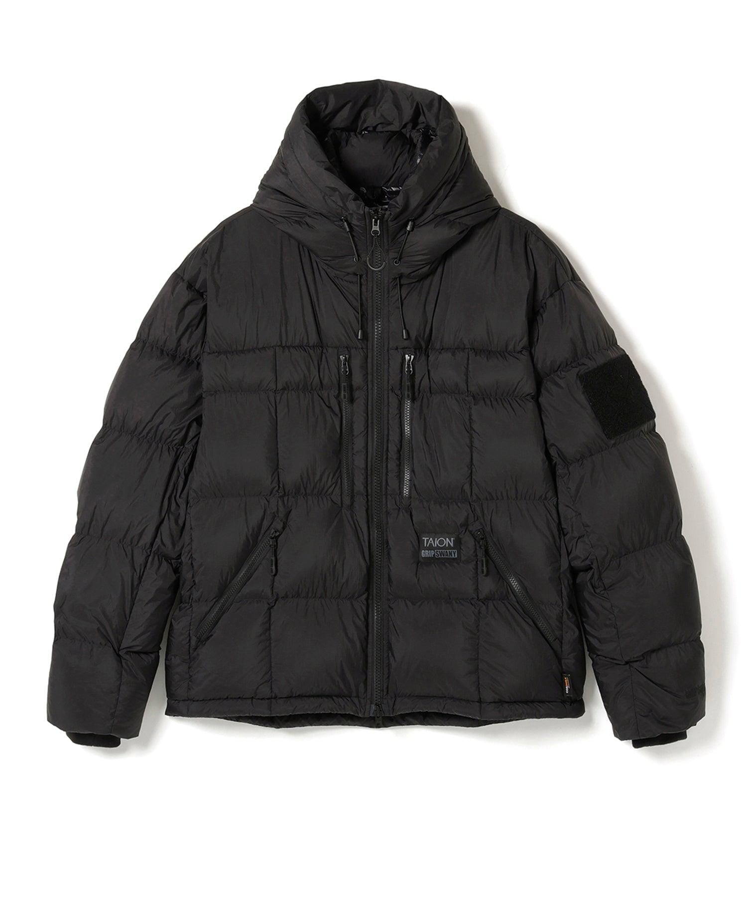 Black hooded down jacket laid flat against a plain background.