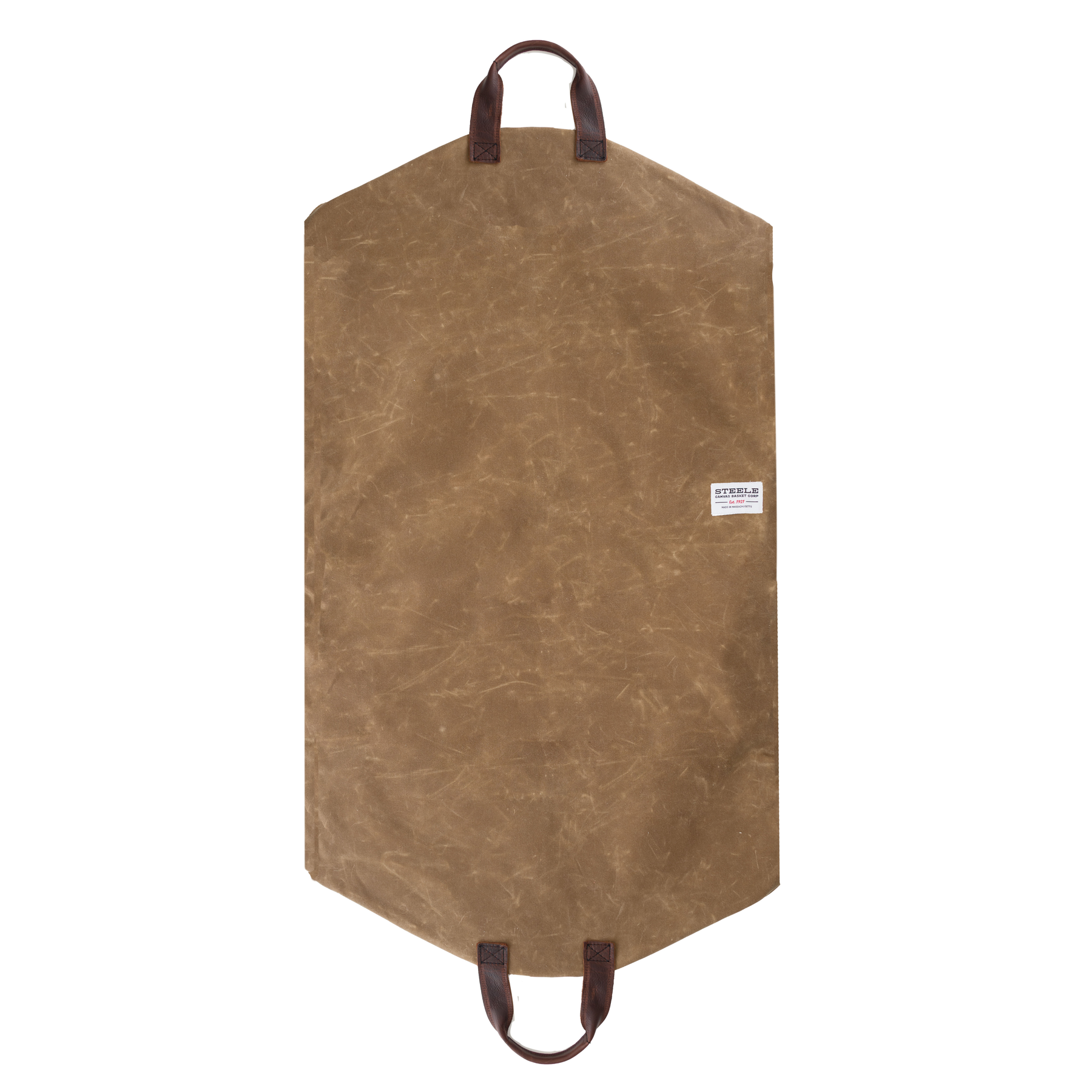 Full-length brown waxed garment bag, unfolded.