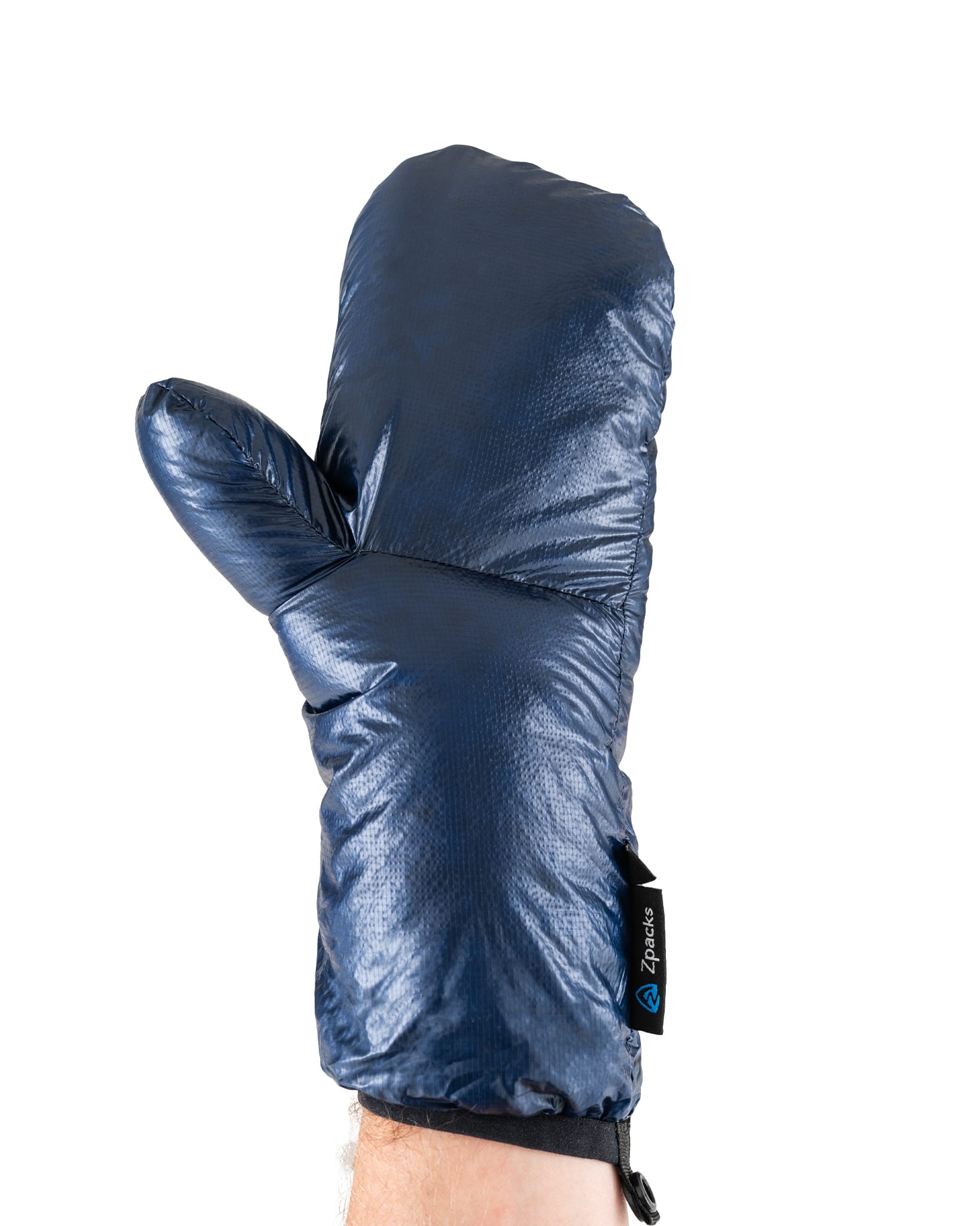 Navy Down Mitten worn on a hand.