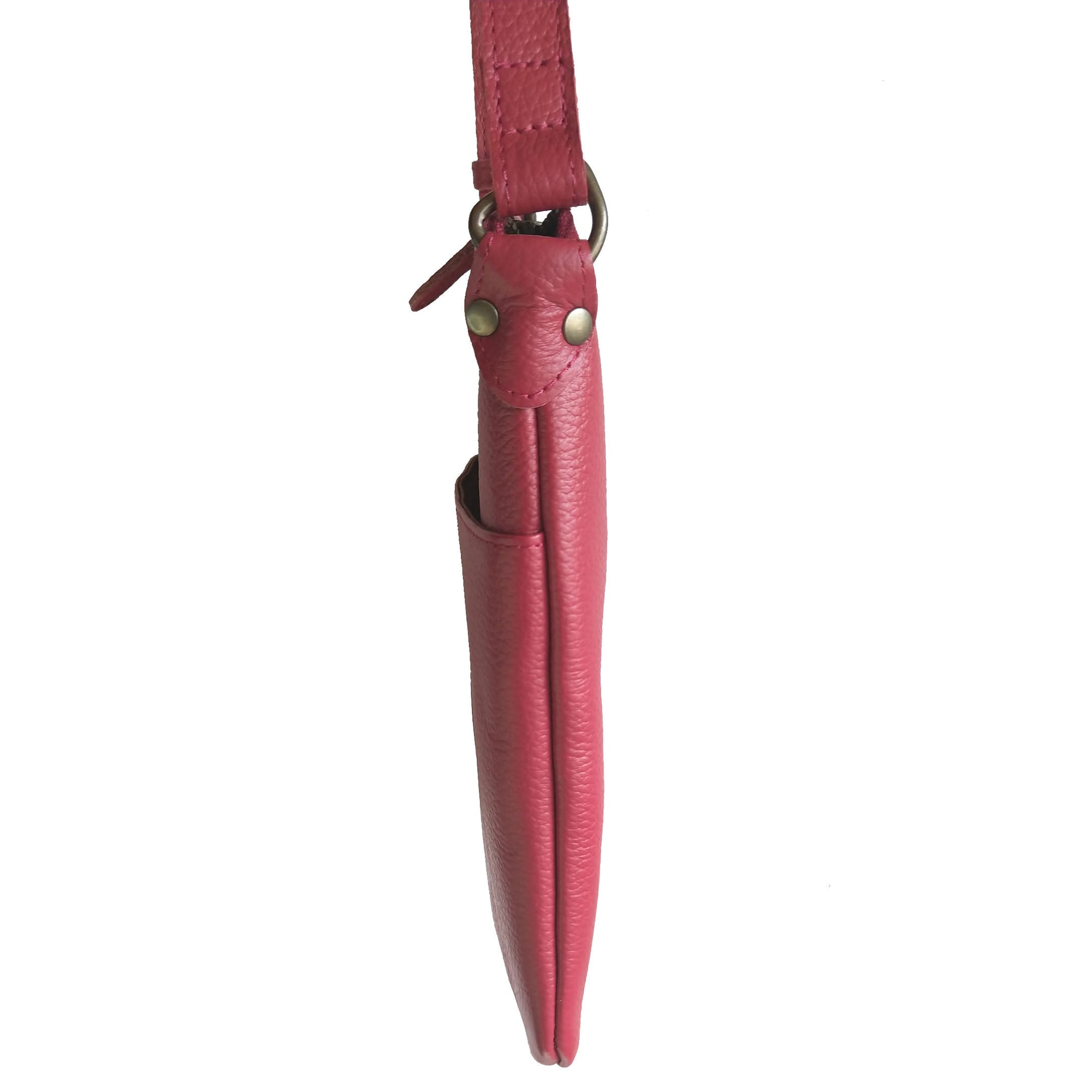 Slim side profile of red bag