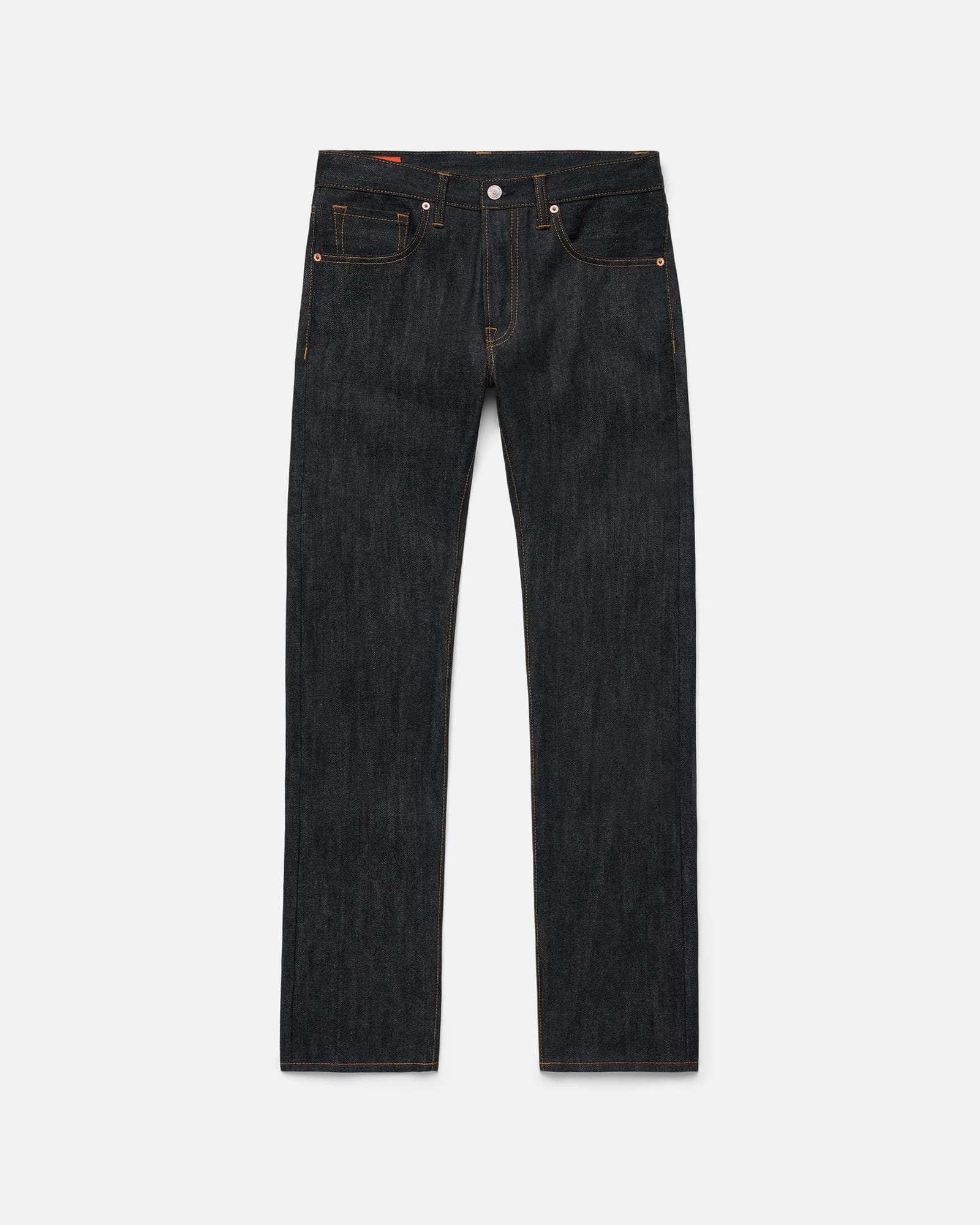 Foreign Rider slim-cut Indigo Black selvedge jeans, front product view.