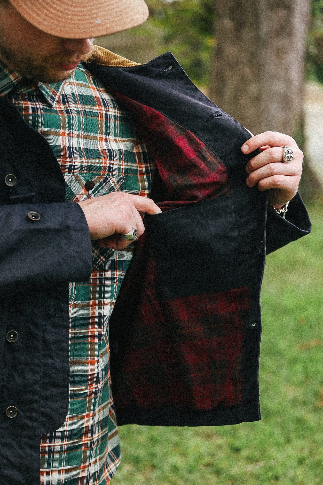 Interior pocket on A New Medium black waxed Sportsman’s Jacket.