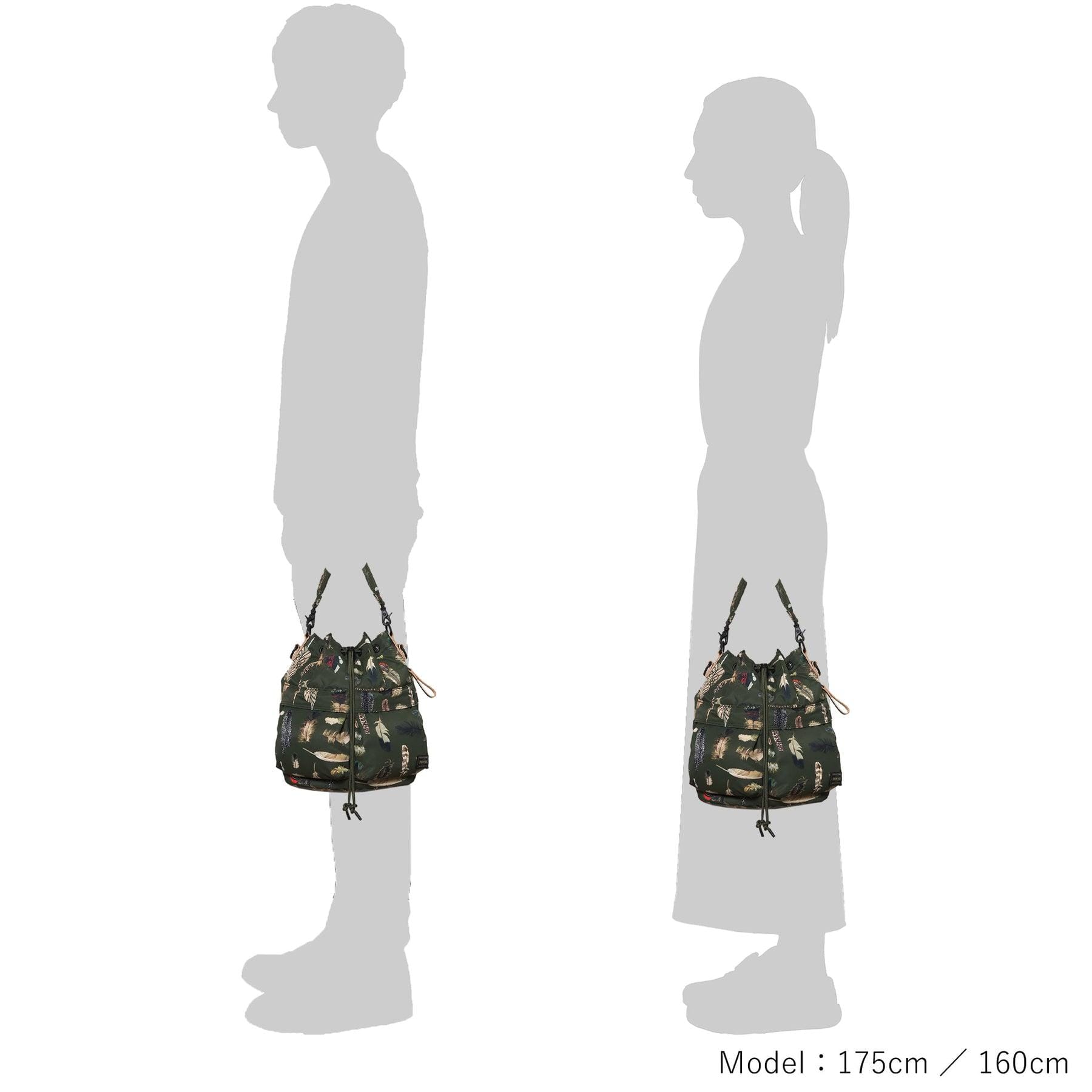 Illustrated silhouettes indicating how the olive Tool Bag hangs at the hip.