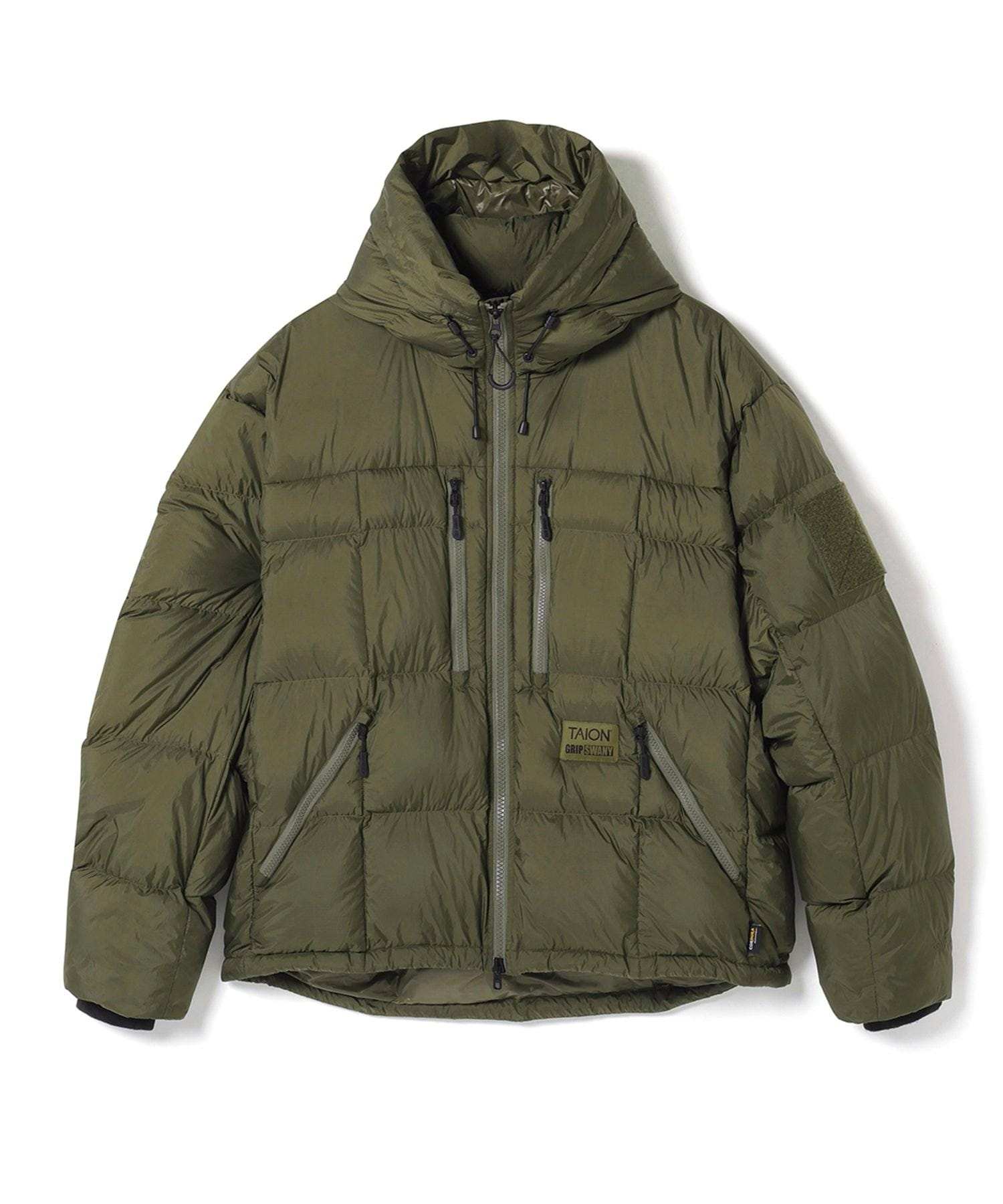 Dark olive variant of the hooded down jacket laid flat.