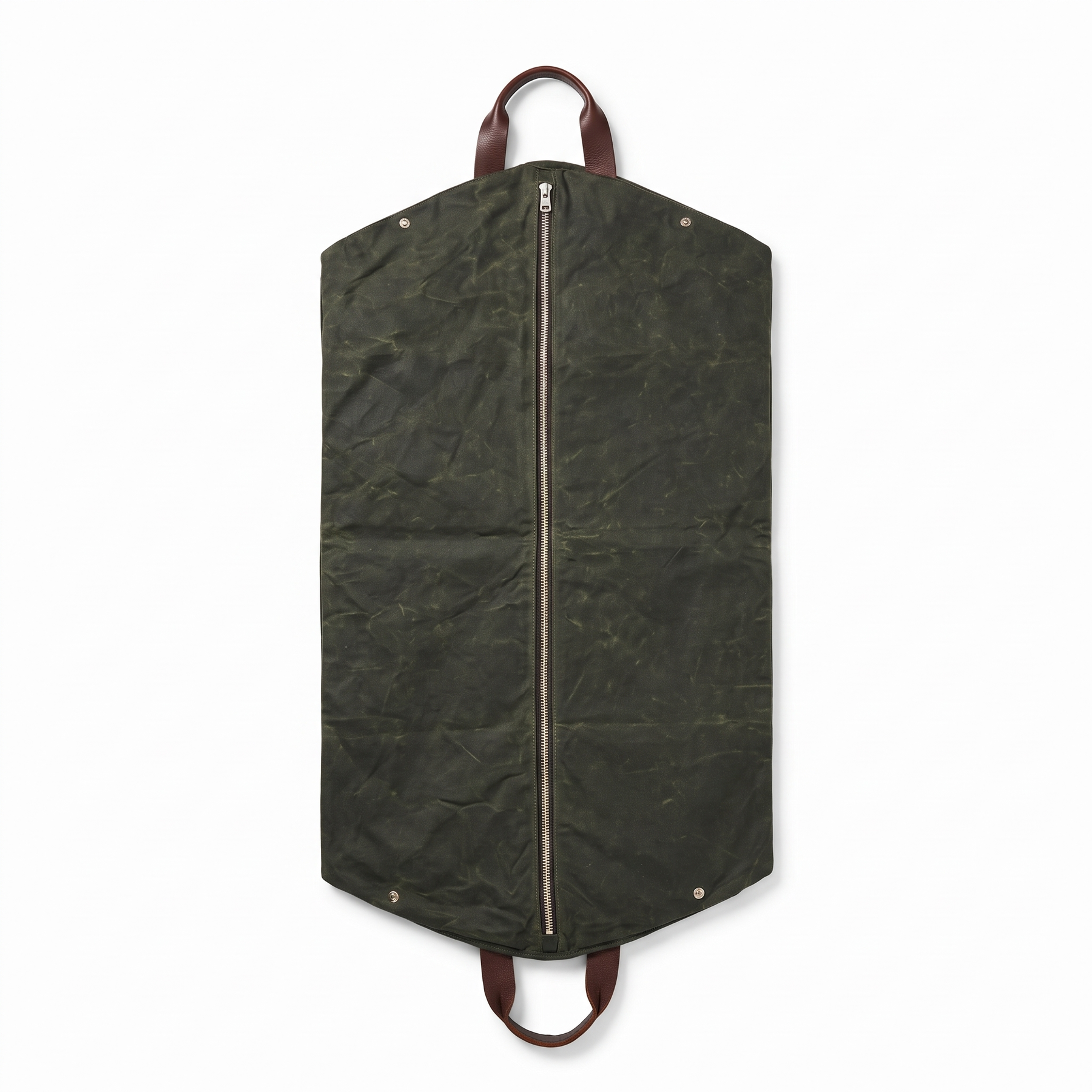 Rear olive garment bag panel with full central zipper.
