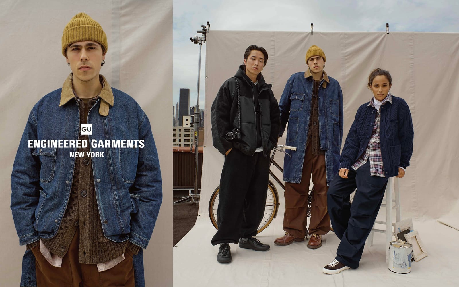 GU and Engineered Garments campaign group wearing coats, fleece and utility trousers.