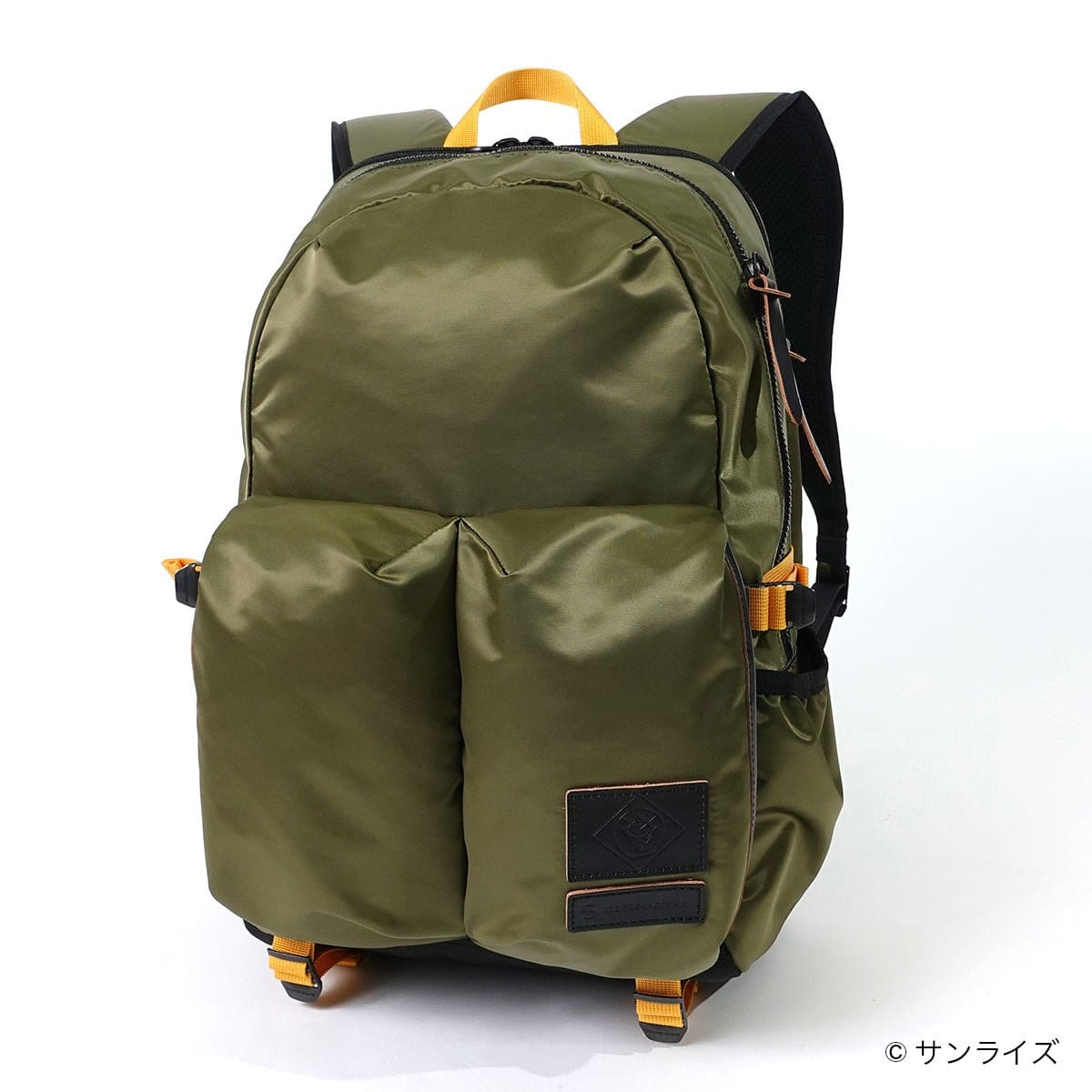 Olive STRICT-G × master-piece Lightning Backpack with yellow webbing.