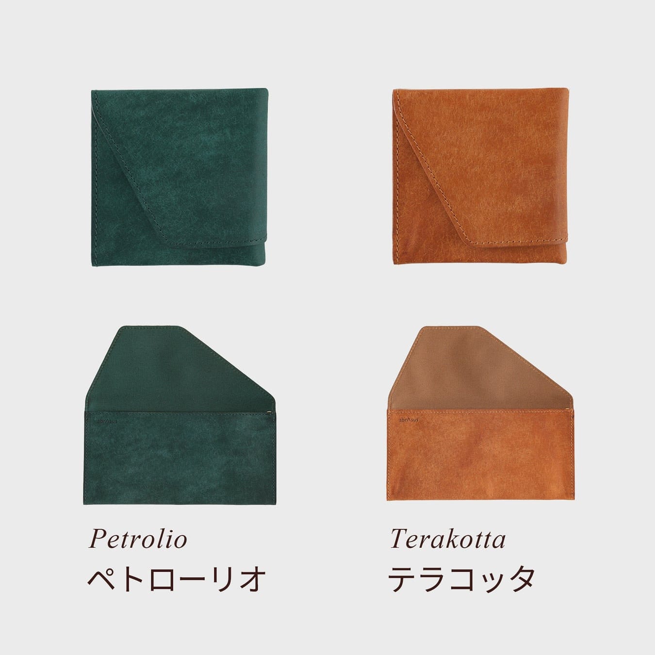Official abrAsus graphic showing Petrolio and Terracotta Pueblo Travel Wallets closed and open.