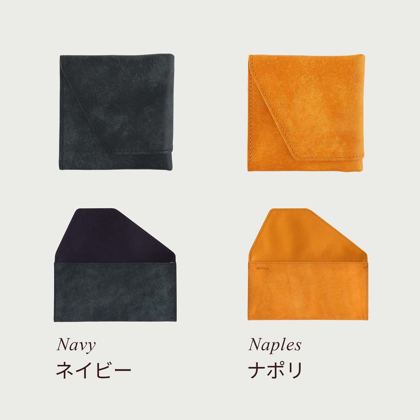 Official abrAsus graphic showing Navy and Napoli Pueblo Travel Wallets closed and open.