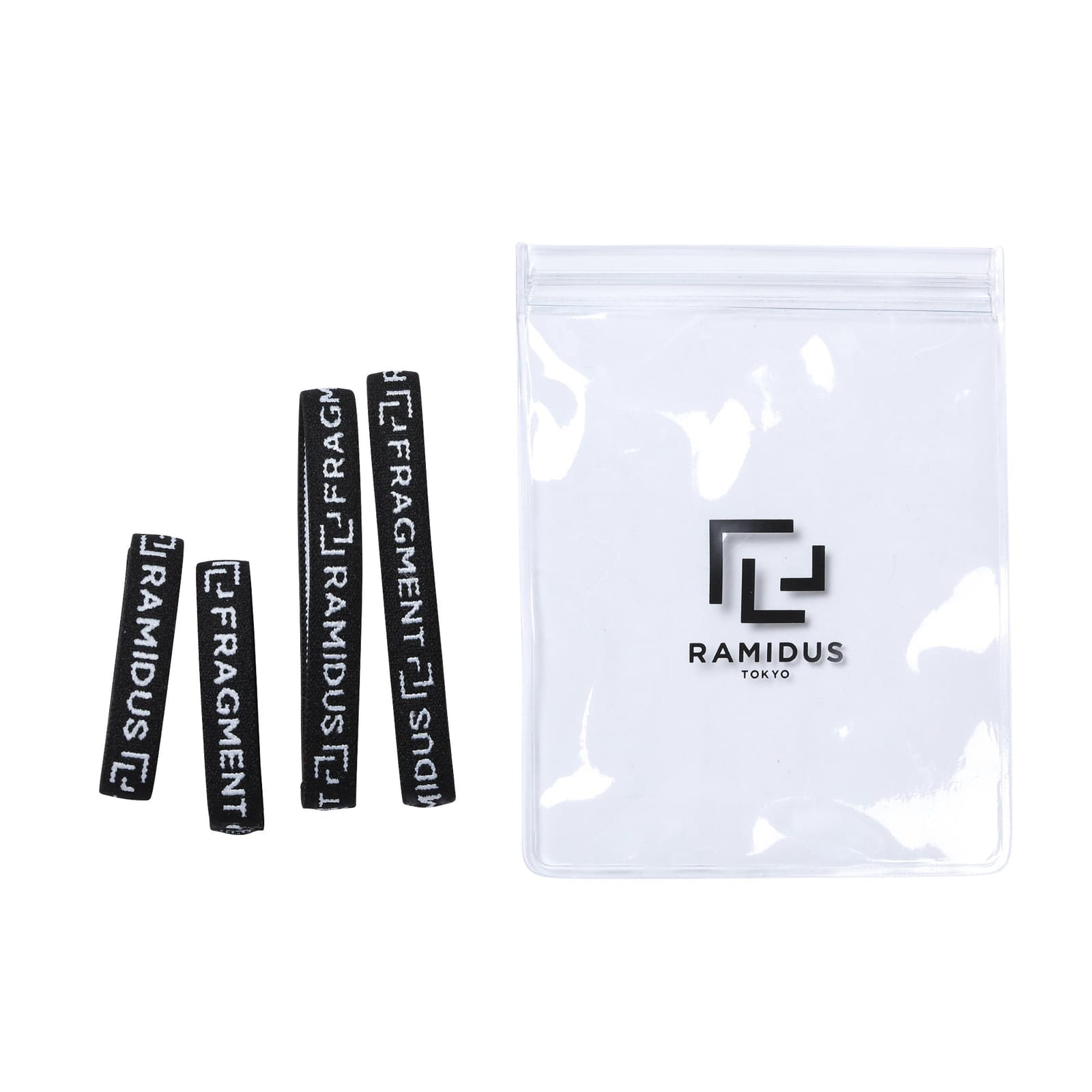 Four black RAMIDUS and fragment-branded bands shown beside their zipper bag.